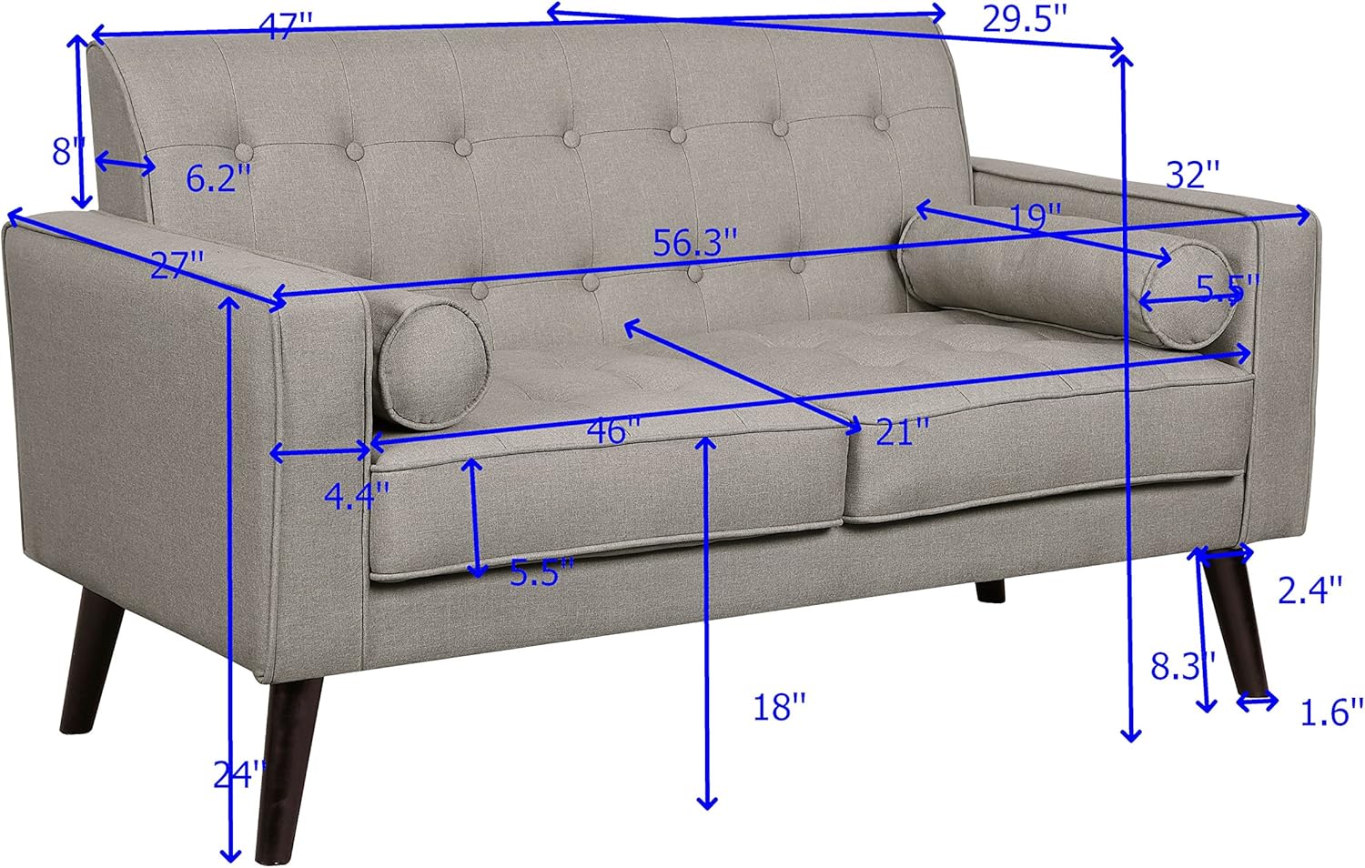 Container Furniture Direct Modern Collection Upholstered Linen loveseat with Wood Legs and Two Button Tufted Accent Pillows, Grey