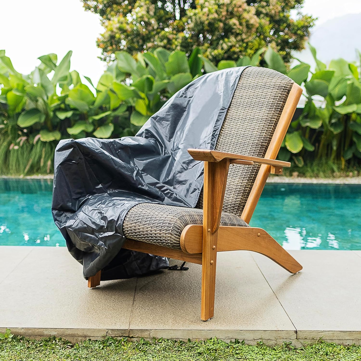 Cambridge Casual Teak Camden Outdoor Adirondack Chair with Padded Woven Seat, Free Patio Cover, Koboo Gray All-Weather Wicker & Solid Teak Wood Frame, Quick-Dry Foam Adirondack Chair for Patio