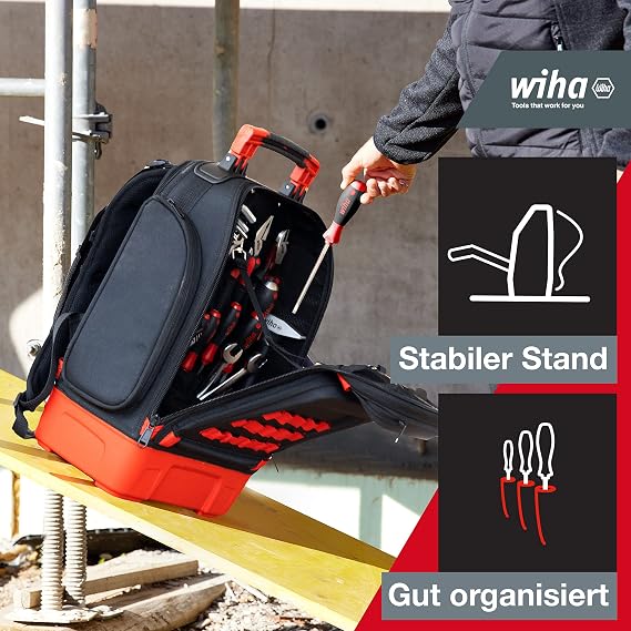 Wiha 45529 43-Piece Mechanics Tool Bag with Basic Equipment and Stable Base with Laptop Compartment and Accessories Pockets