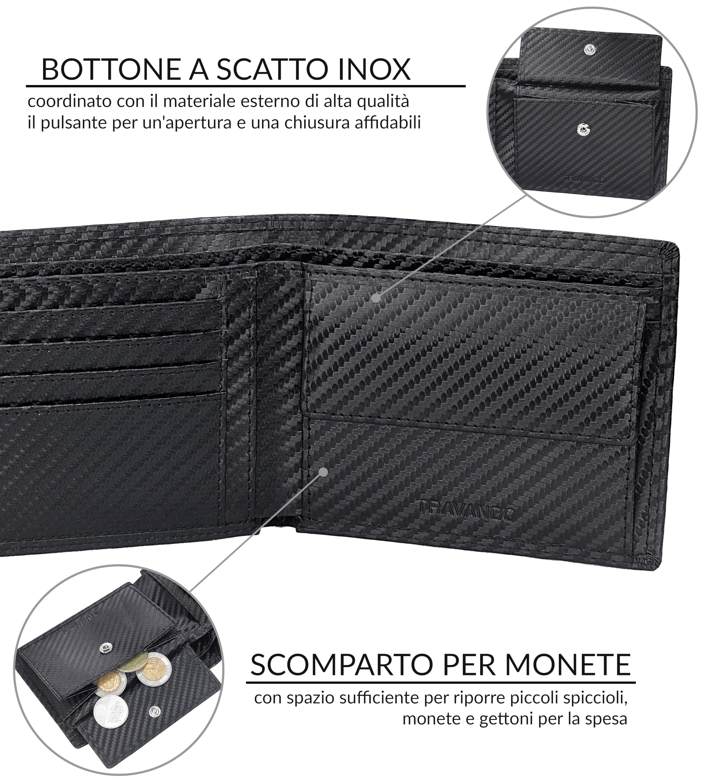 TRAVANDO Portafoglio Uomo, Grande, OSLO, protezione RFID, Porta Carte di Credito nero, con Portamonete, Borsellino formato Verticale, Porta Banconote Wallet monete (Carbon)