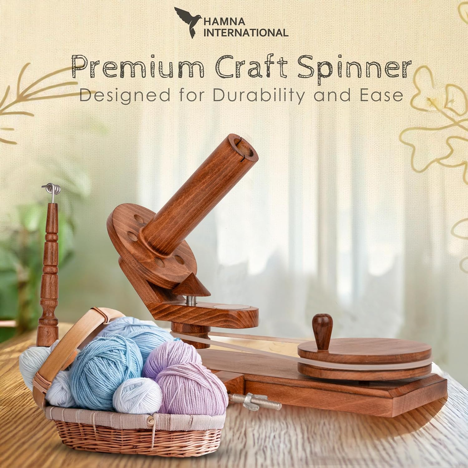 Wooden Yarn Ball Winder for Knitting & Crochet – Handcrafted Manual Center Pull Yarn Winder for Skeins & Hanks, Large Capacity Craft Tool (Vintage Burnwood Finish)