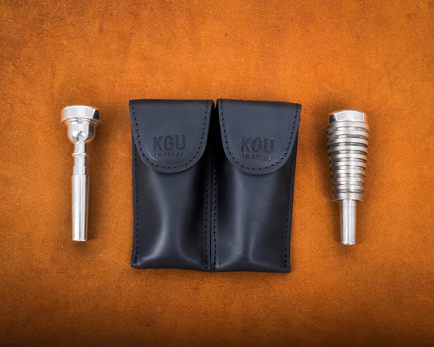 Trumpet Mouthpiece Pouch KGUBrass Leather Crazy Horse Brown. Handmade (DOUBLE, Black)