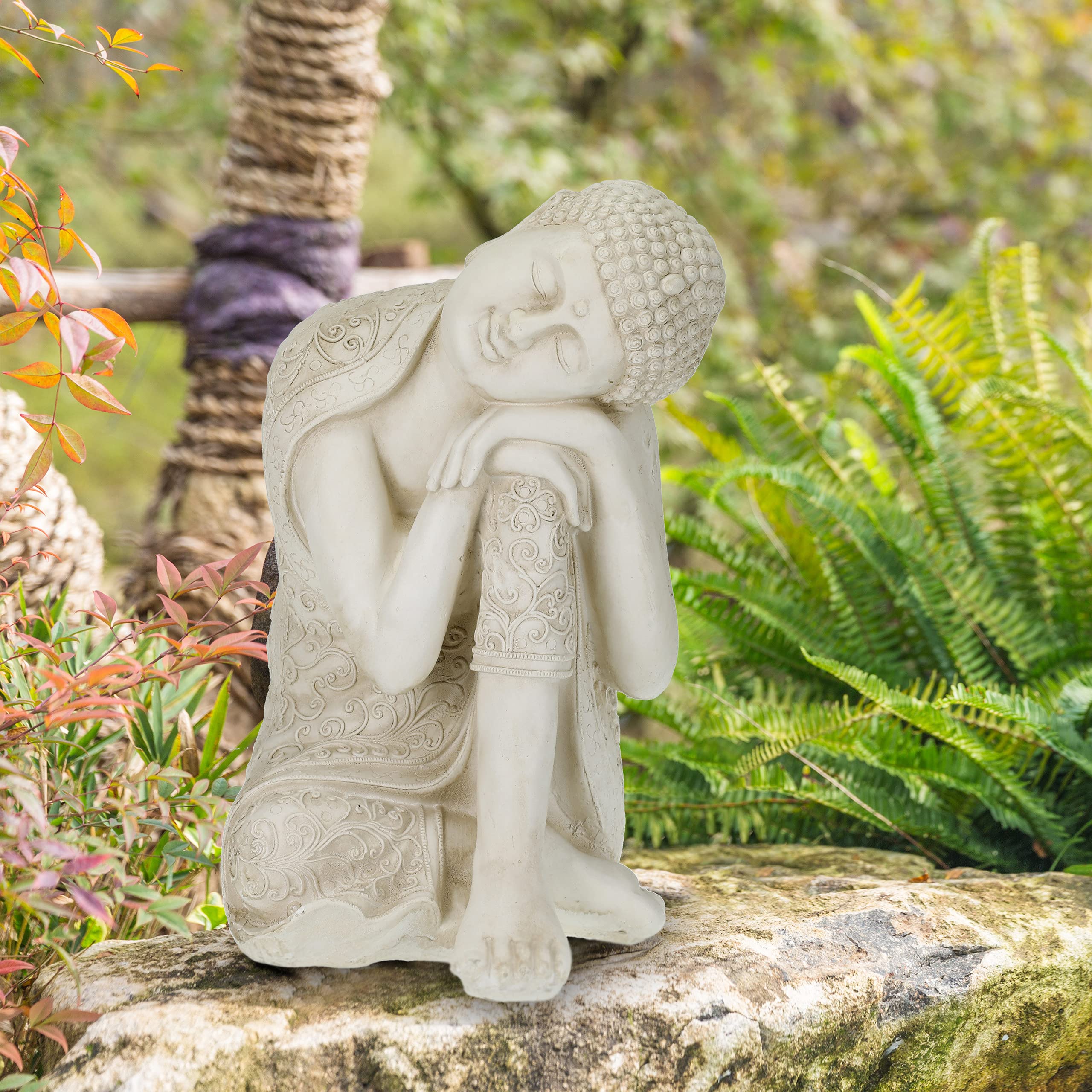 Relaxdays Figura di Buddha per Giardino, Resistente alle Intemperie, Buddha Inchinato, Poliresina, 61x40,5x38 cm, Bianco