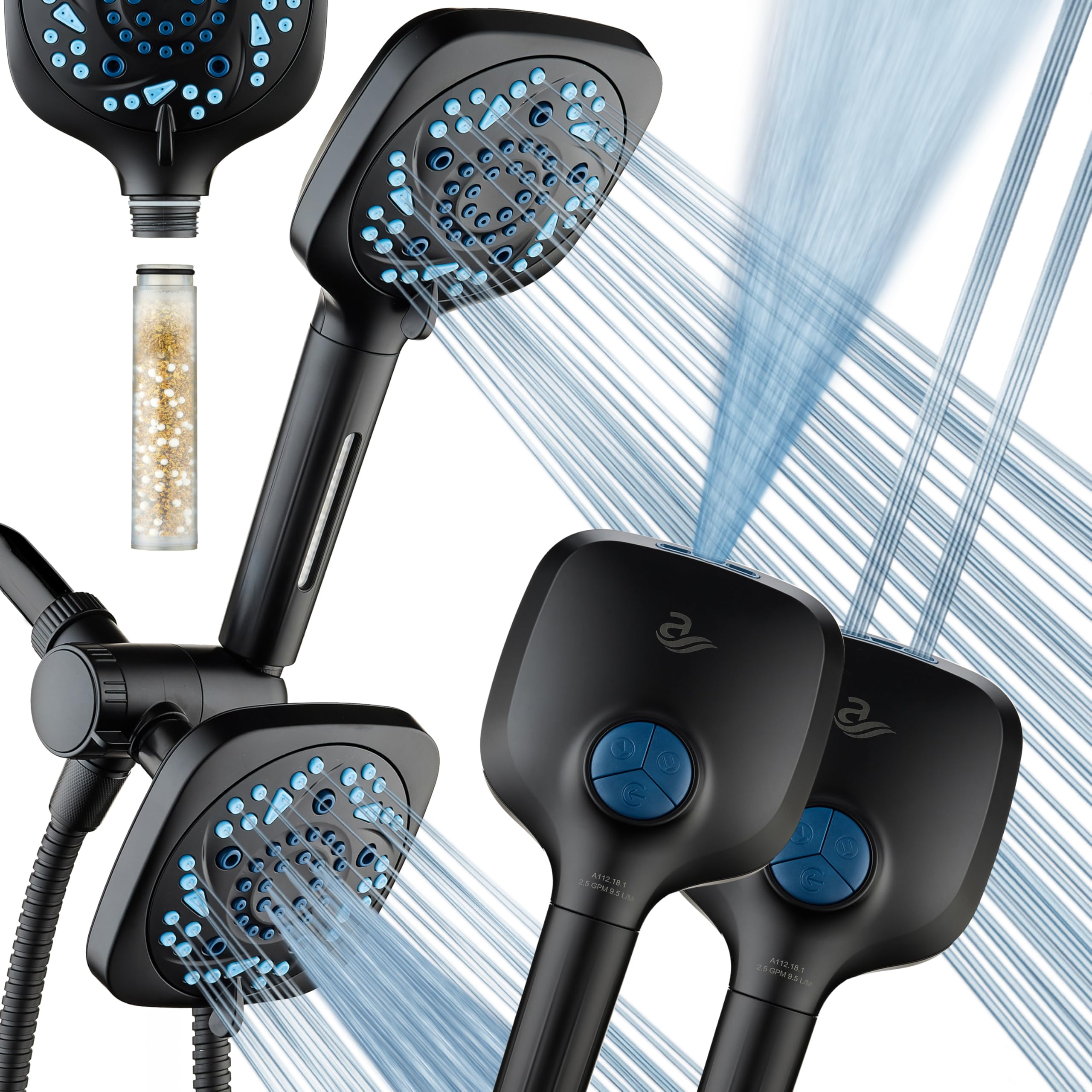 6-way High Pressure 82 Spray Mode Filtered Showerhead Combo - Handheld Shower Head Filters Chlorine to Heal Dry Skin, Revive Hair - Dual Power Wash