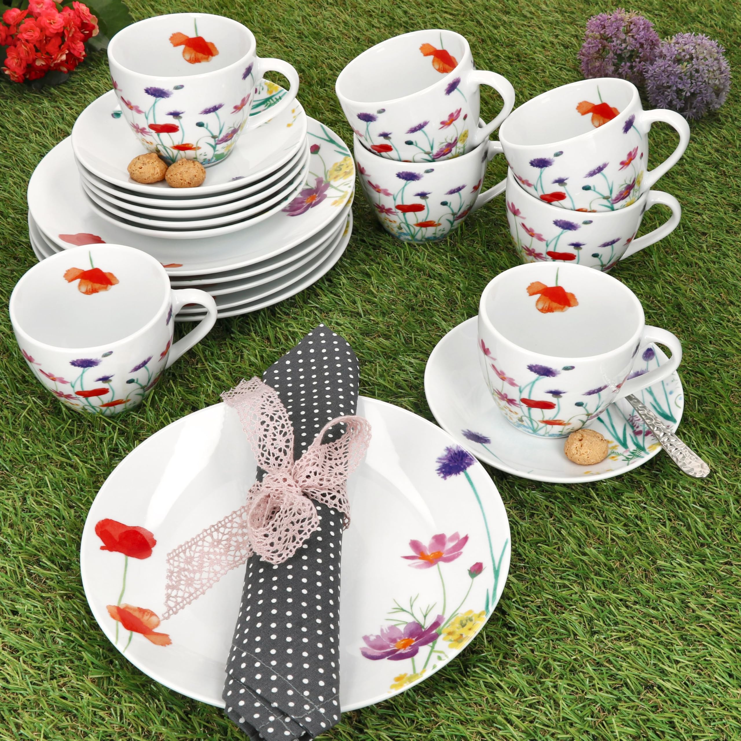 MamboCat Marie 18tlg Kaffeeservice I Porzellan-Geschirr mit Blumenwiese-Dekor für 6 Personen I Je 6x Tassen 190ml, Untertassen & Teller für Frühstück & Kaffee