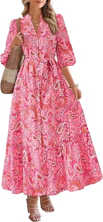 MASCOMODA Womens Floral Maxi Dresses Boho Summer Long Flowy Shirt Dress