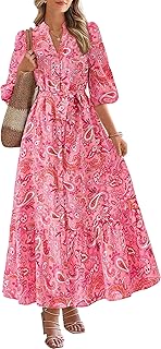 Womens Floral Maxi Dresses Boho Summer Casual V Neck 3/4 Puff Sleeve Button Down Tie Waist Long Flowy Shirt Dress - Buy now