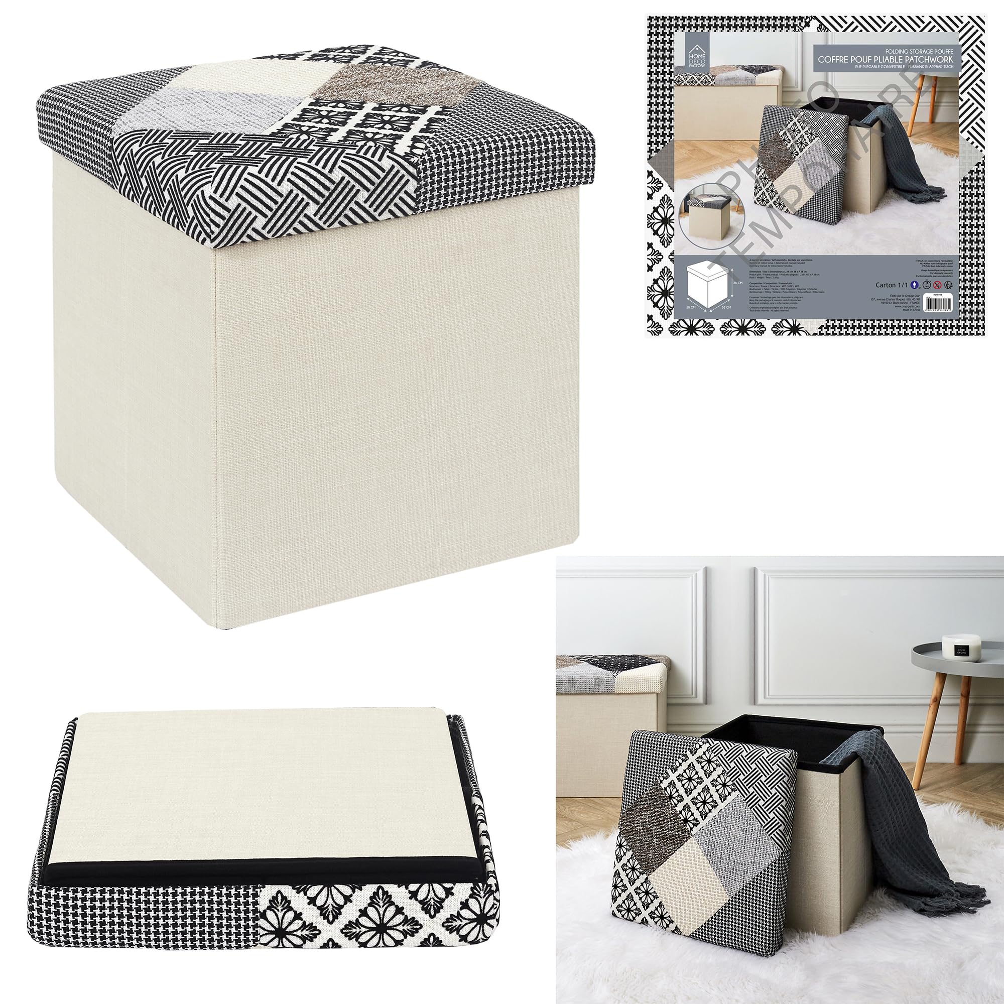 HOME DECO FACTORY HD7491 Pouf Patchwork Mobili Seduta Baule Panca Pieghevole Entree Soggiorno Camera Da Pranzo, Grigio, Bianco, Nero, Beige, 38x38x38 cm