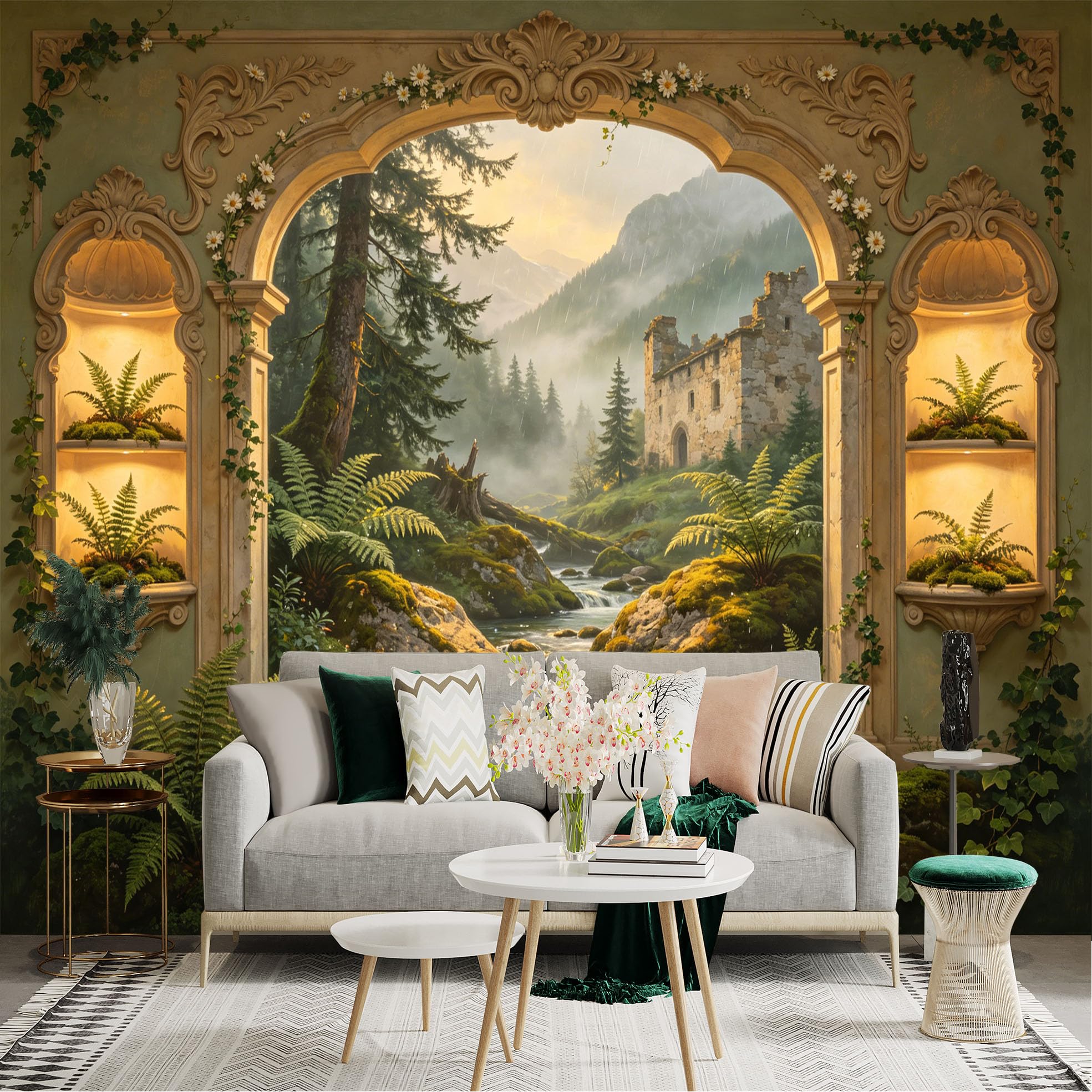 Lnzczhyre Dbh260521456 Custom Size Wall Sticker Mural， Ancient Stone Ruins In Misty Forest， Serene River Landscape， Elegant Archway View， Botanical Fern Alcoves， For Wall Decoration， Peelandstick Wall Decals.