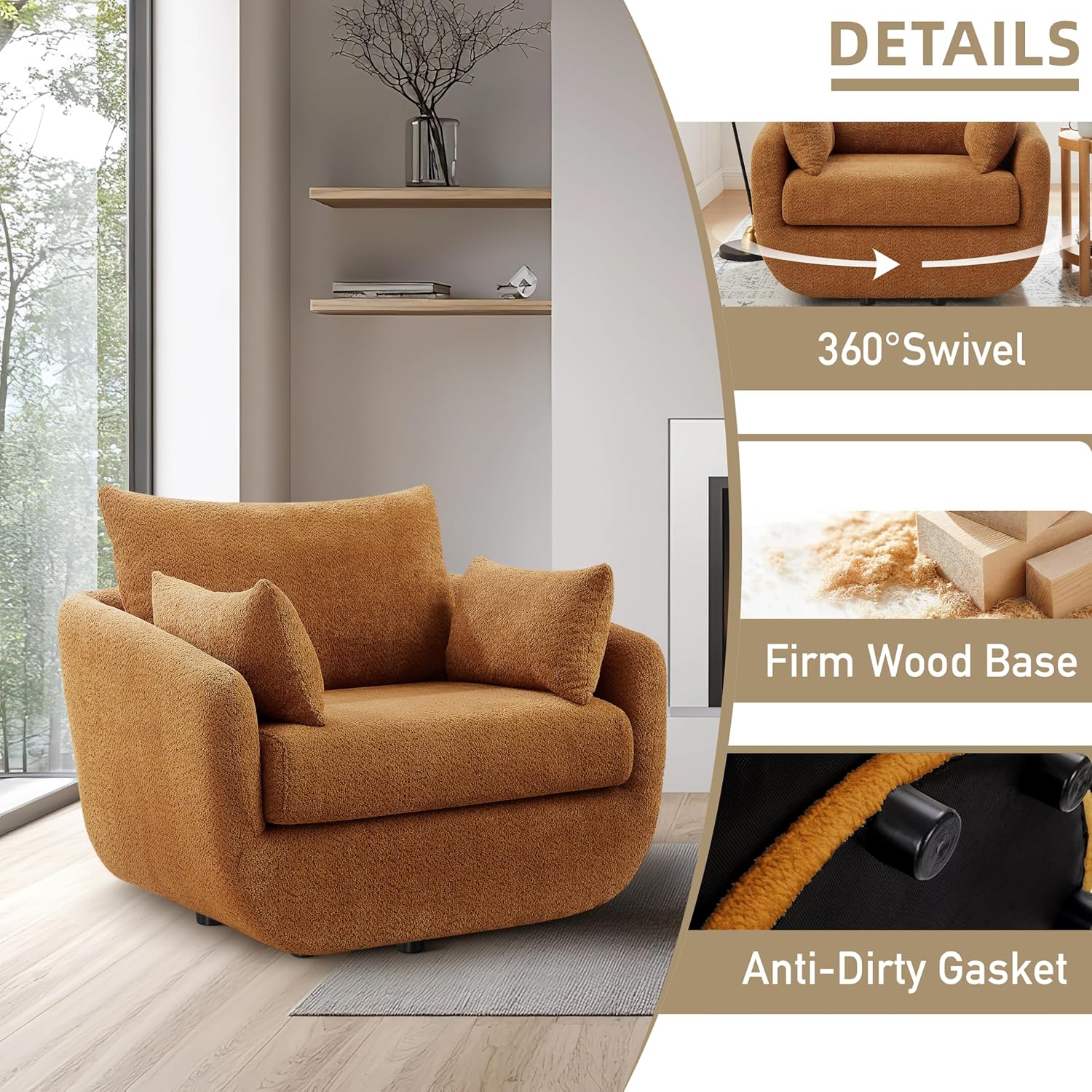 360° Swivel Accent Armchair, 39.3" Oversized, Sherpa Boucle Fabric Sofa Chair with Removable Back & Arm Pillows, Swivel Chair with Cozy Soft Padded (1, Curry)