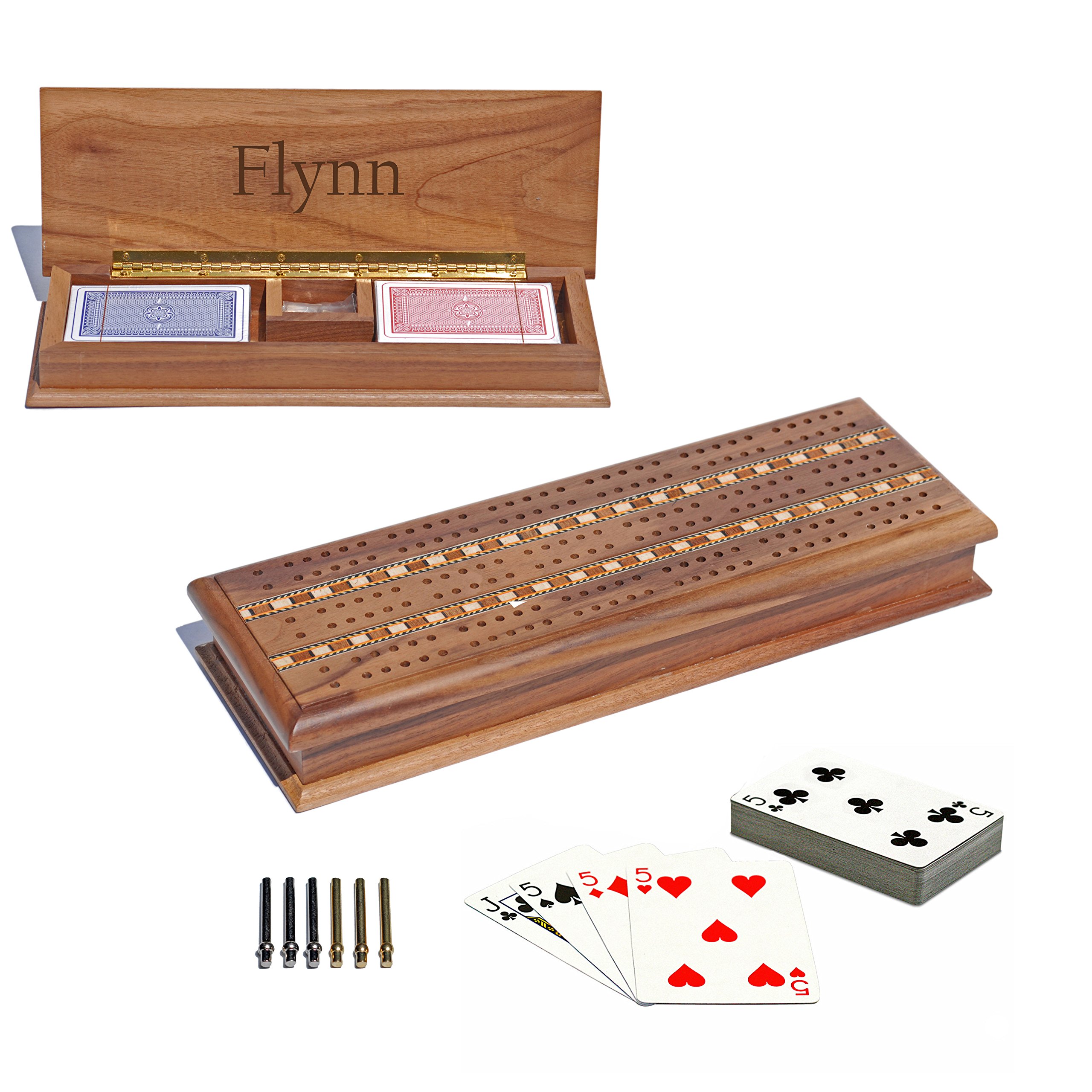 WE Games Custom Engraved Walnut Wood Cabinet Cribbage Set - 3 Track Sprint, Pegs, Cards