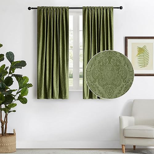 Miniatura 2 de GIGIZAZA Cortinas de terciopelo verde de 63 pulgadas de largo para sala de estar, 2 paneles de cortinas bohemias de lujo con estampado de flores en