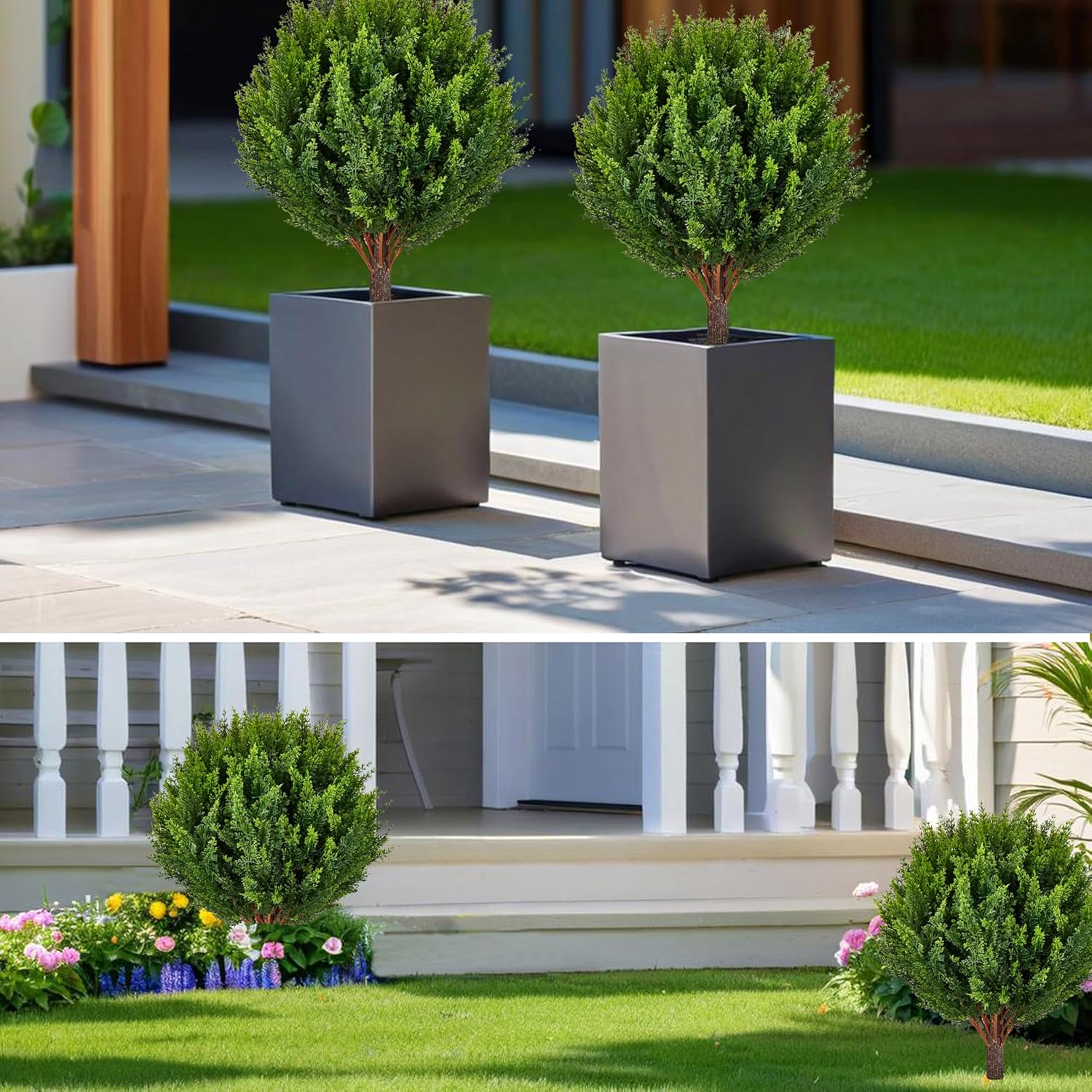 21 inch Artificial Cedar Tree Set of 2 Topiary Ball Tree Faux Cypress UV Resistant Artificial Shrubs Evergreen Plant with Ground Spike Outdoor Indoor for Home Front Porch Garden Office Decoration - Image 7