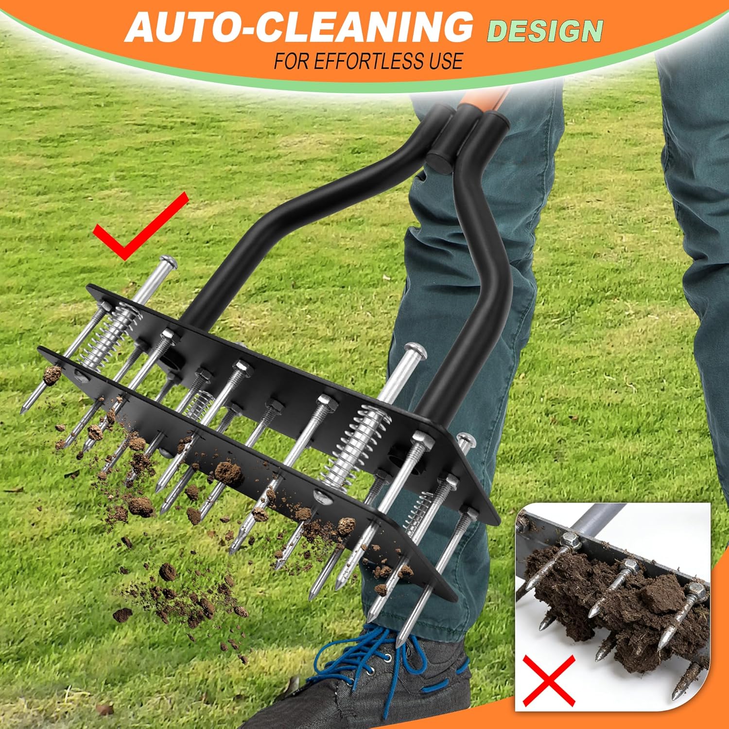 Lawn Aerator Tool, Grass for Soil Loosening & Yard Aerator, 15 Iron Spikes, Ergonomic T-Handle & Efficient Automatic Reset, Improves Lawn Health
