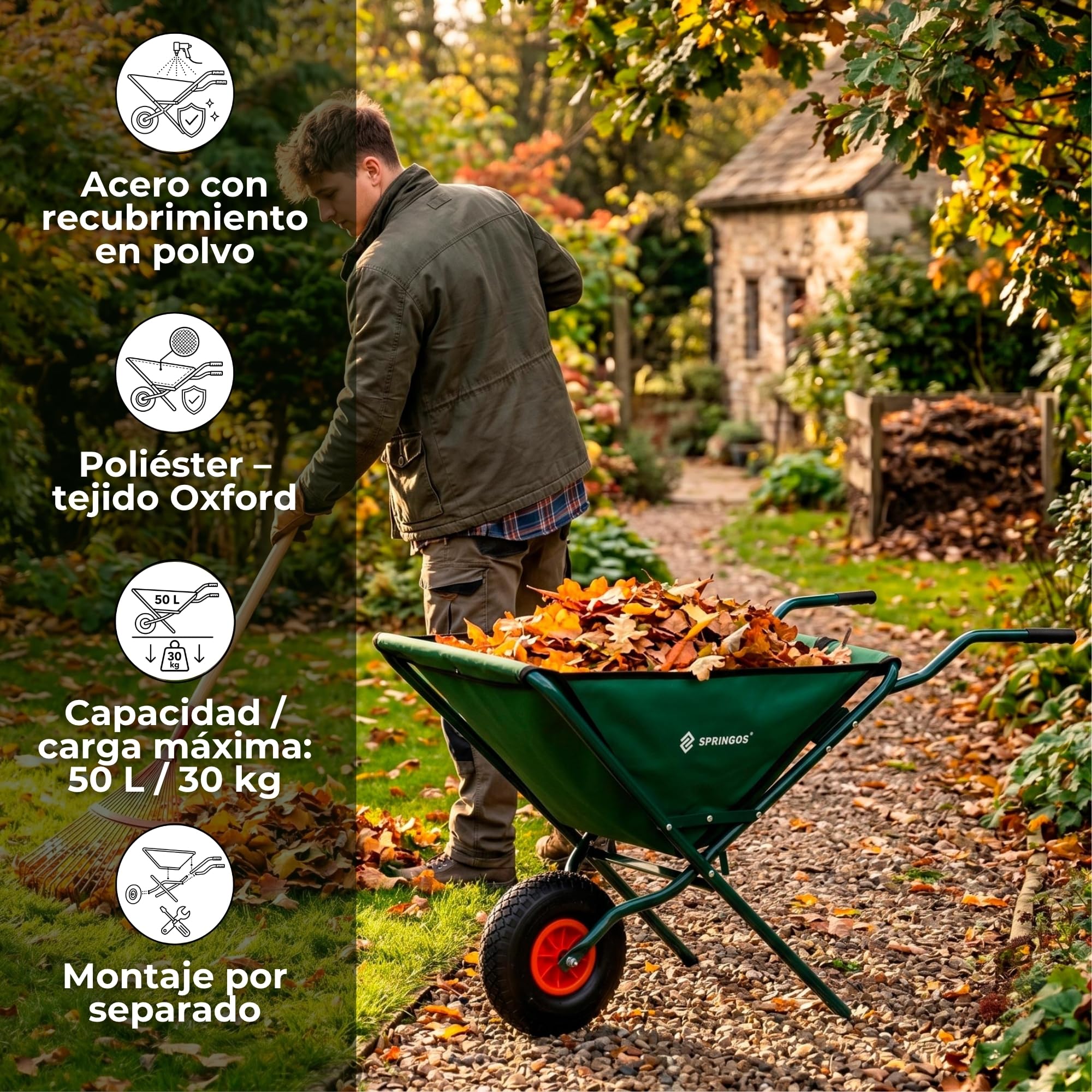 Carretilla de jardín plegable de 50 l con neumáticos de aire, carretilla de transporte de tela Oxford, marco de acero, compartimentos para herramientas, carretilla plegable para jardinería, verde