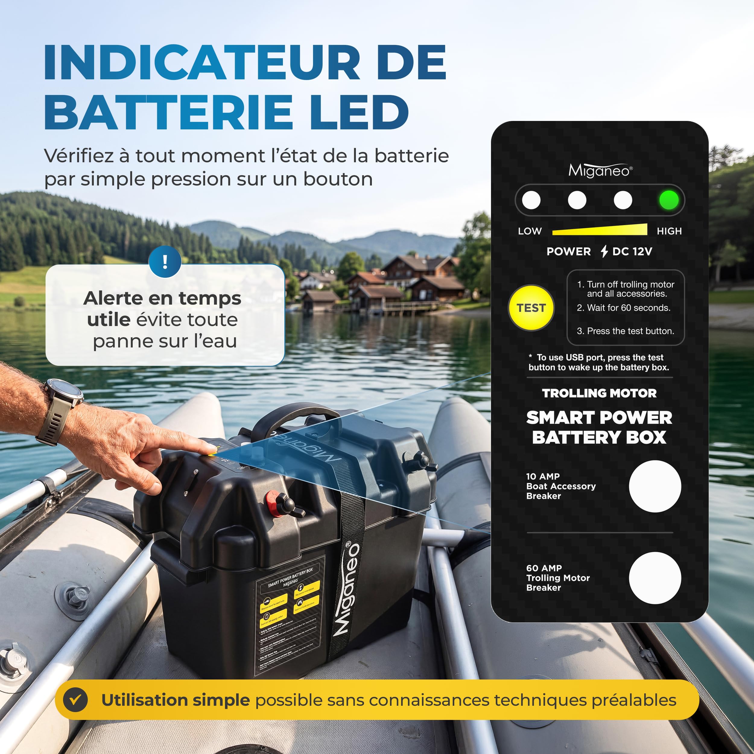 Miganeo Boîtier de Batterie Étanche – Battery Box 12V avec Port USB & Prise 12V – Protection Robuste contre Éclaboussures & Milieu Marin – jusqu’à 100Ah