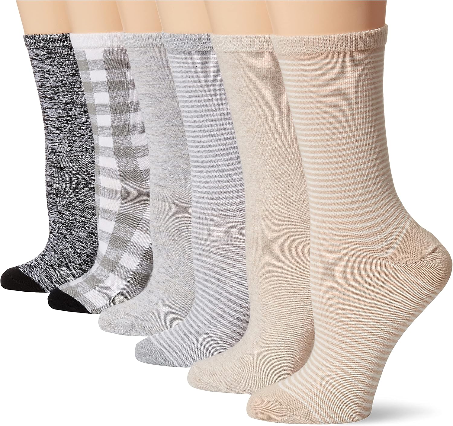 Amazon Essentials Women's Casual Crew Socks - Discontinued Colors, 6 Pairs, Buffalo Check/Space Dye/Stripe, 6-9