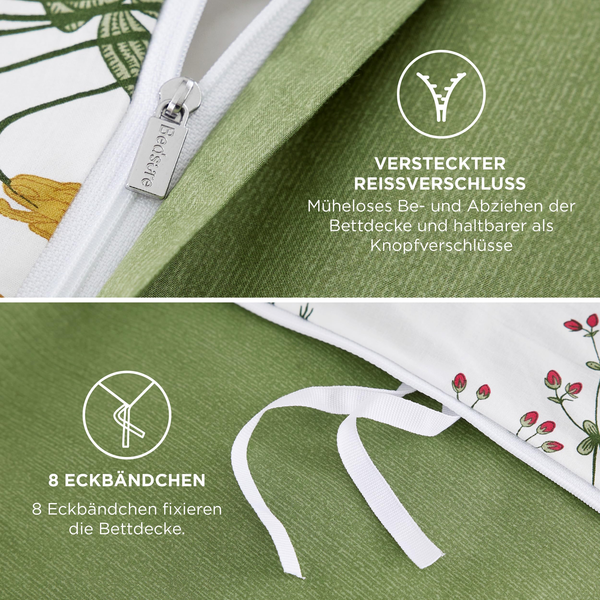 BEDSURE Juego de ropa de cama reversible de algodón, 155 x 220 cm, funda nórdica de 3 piezas con 2 fundas de almohada de 80 x 80 cm, color verde salvia, diseño de flores, con cremallera