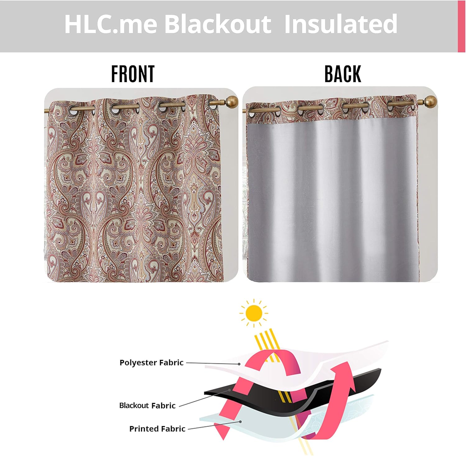 HLC.ME Paris Paisley Decorative Print Damask Pattern Light Reducing Grommet Window Curtain Panels for Bedroom - Set of 2 (50 x 63 Inch, Spice Red)