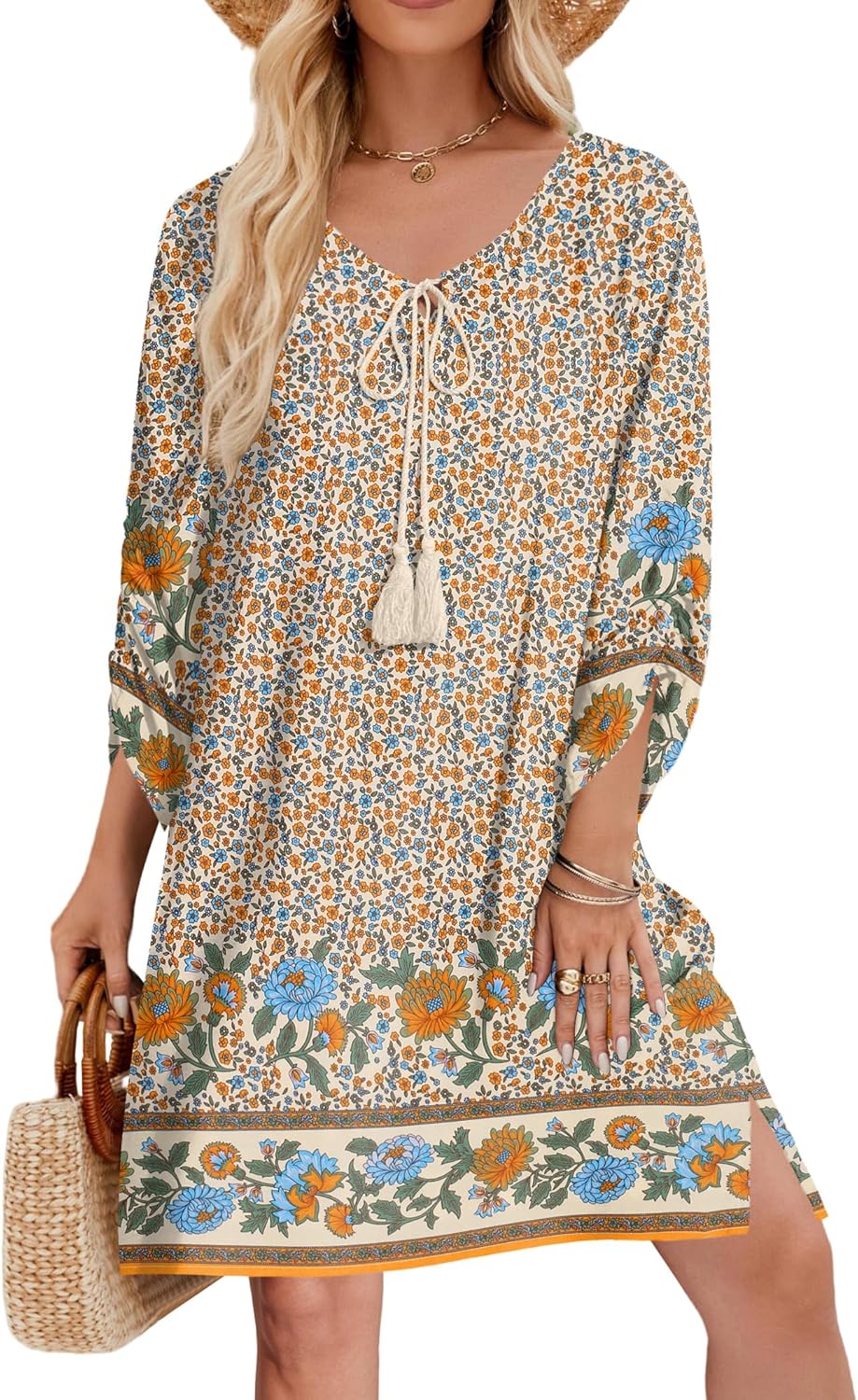 Casual boho summer dress with tassel tie neck floral print