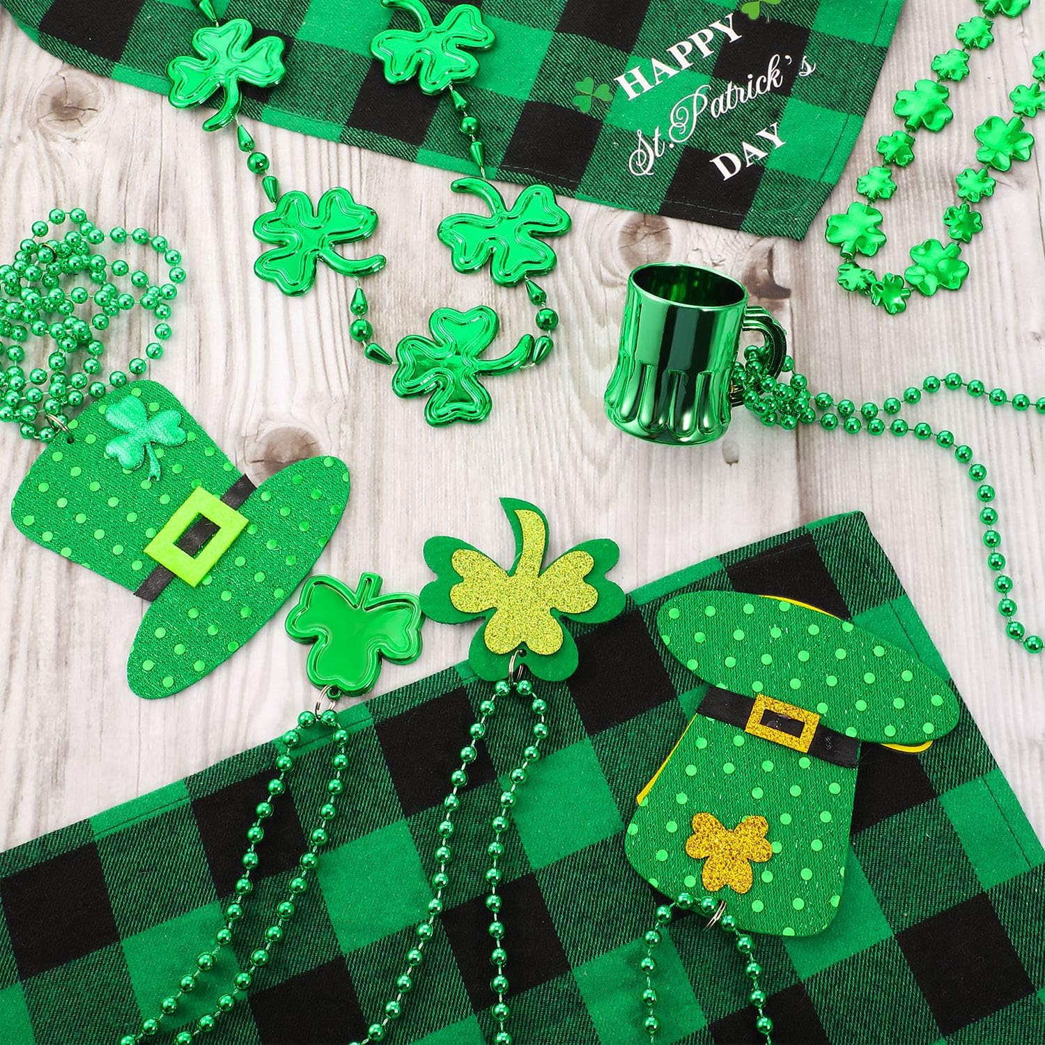 Hicarer 24 Pcs St Patricks Day Shamrock Necklace Green Hat Beaded Accessories St Paddys Decorations Irish Saint Patricks Day Necklace Bulk for Adults Throws Parade Party Supplies 8 Types - Image 4