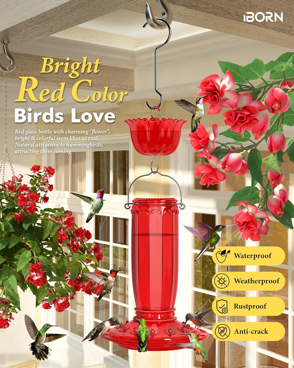 iBorn Hummingbird Feeders for Outdoors Hanging with Ant Moat for Hummingbird Feeder Glass 12 Ports for 16oz Hummingbird Nectar, Red Glass, Pack of 2