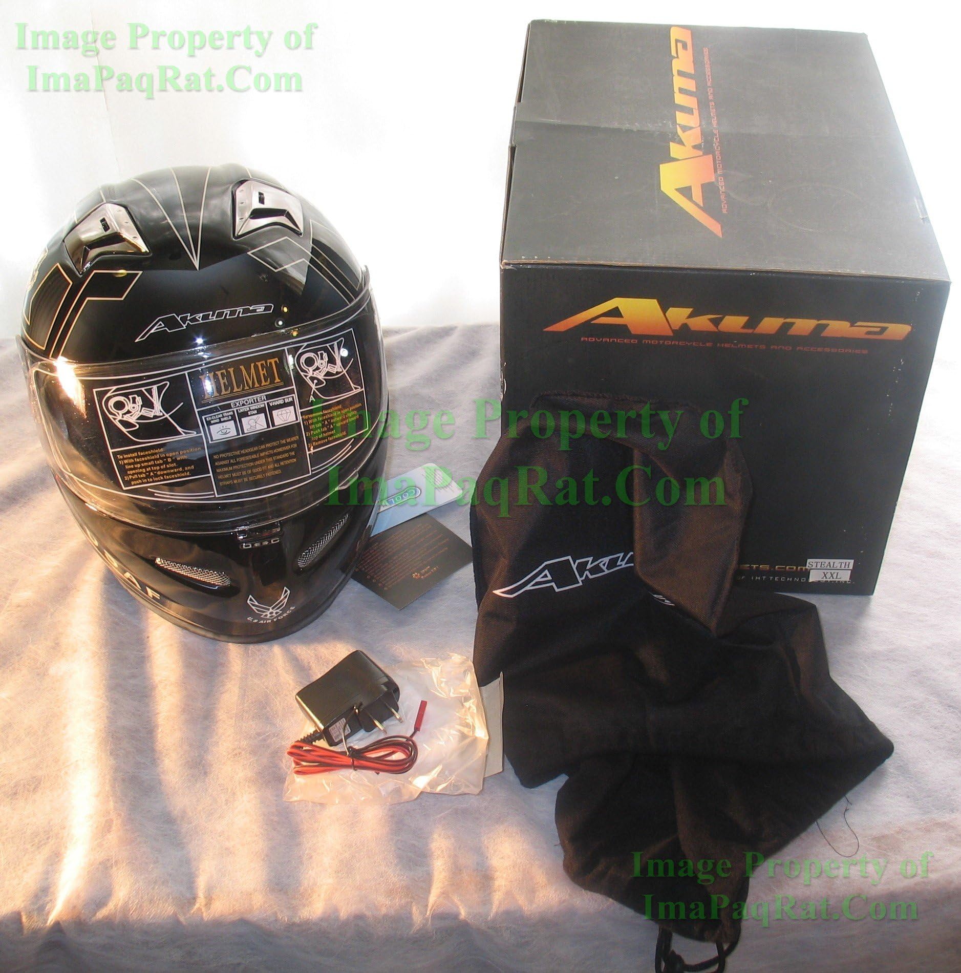 XXXL AKUMA STEALTH Motorcycle Helmet GLOSSY BLACK with Built In LED Lights! USAF logo