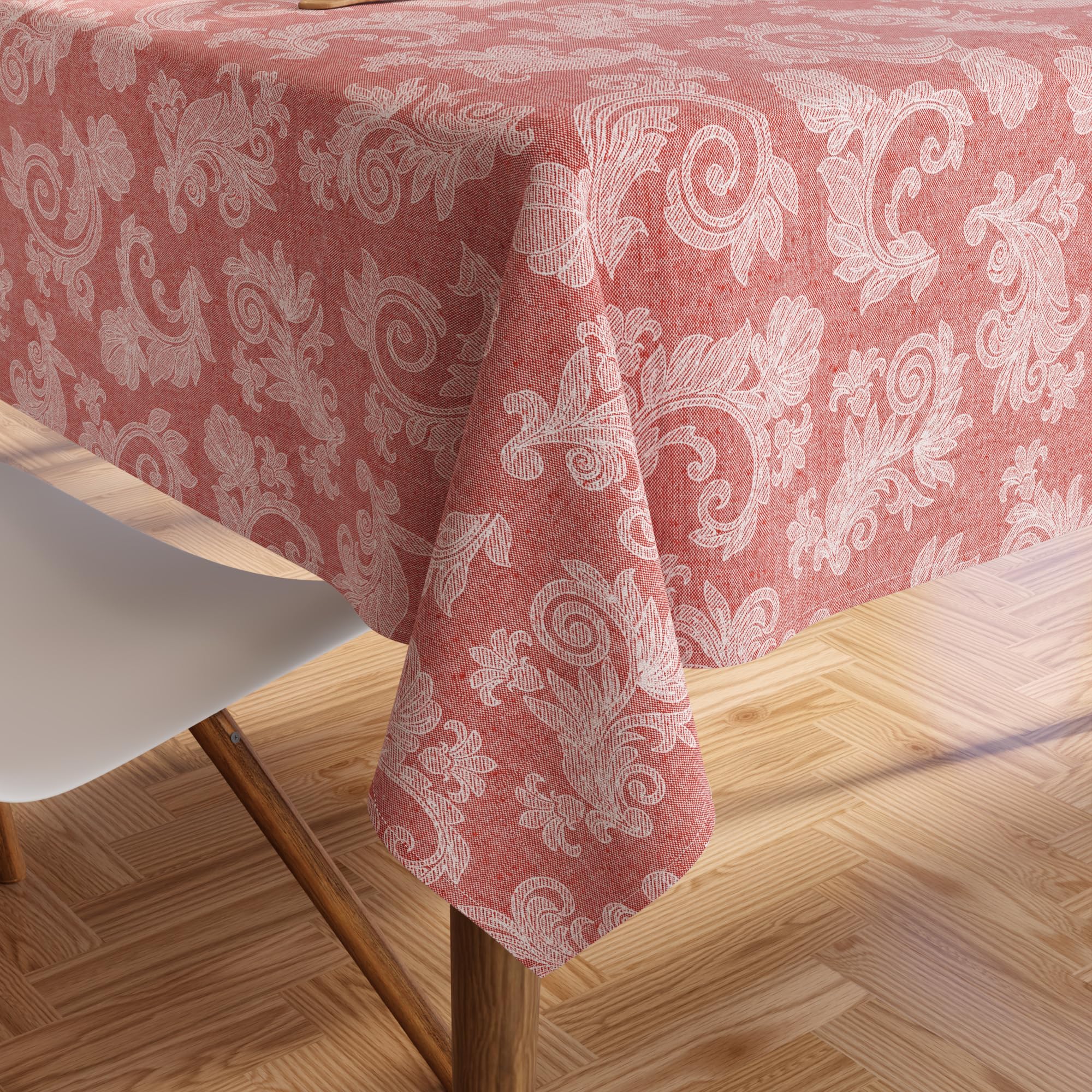 Encasa XO 4 to 6 Seater Dining Table Cloth 145x180 cm (57x72 in) I Floral Red Jacquard Style Print on Chambray Homespun Cotton I for Family Gatherings Parties I Washable