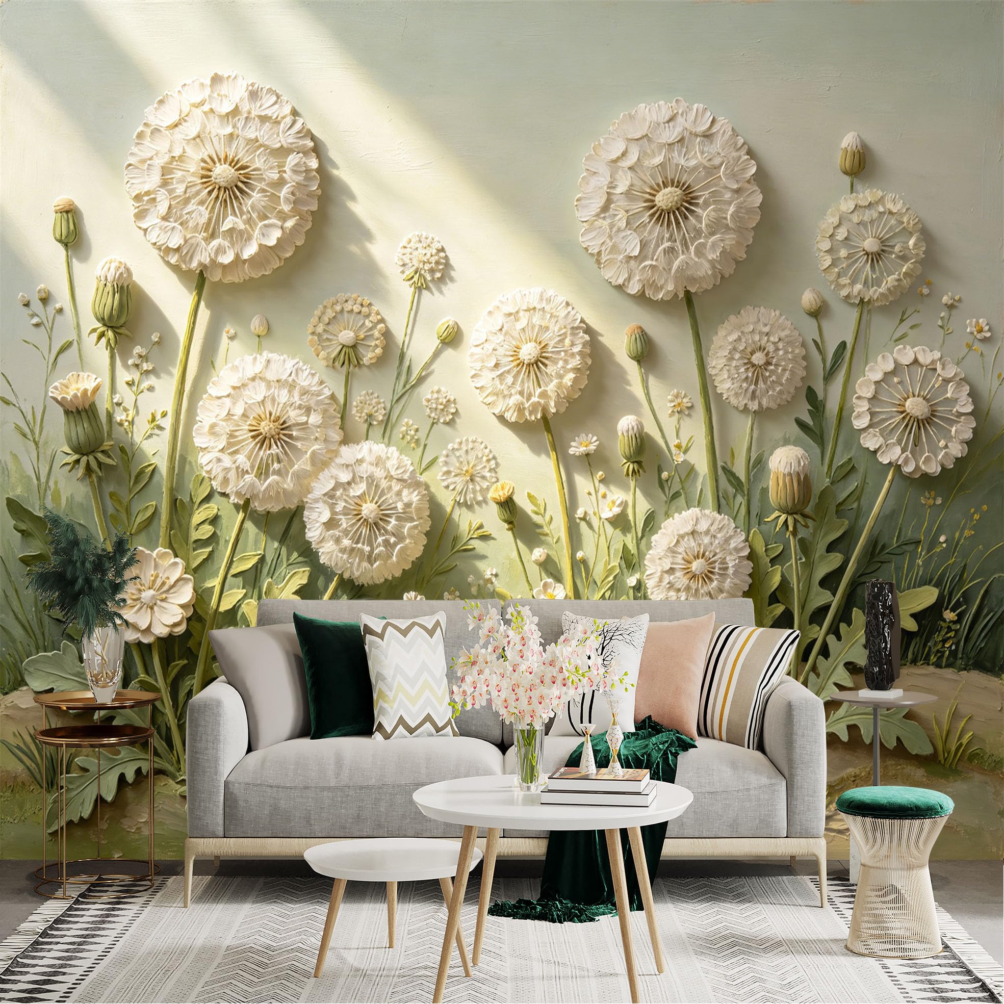 Lnzczhyre Dbh260521834 Custom Size Wall Sticker Mural， White Dandelion Flowers， Floral Botanical Art， Minimalist Nature Scenery， Elegant Relief Texture， For Wall Decoration， Peelandstick Wall Decals.