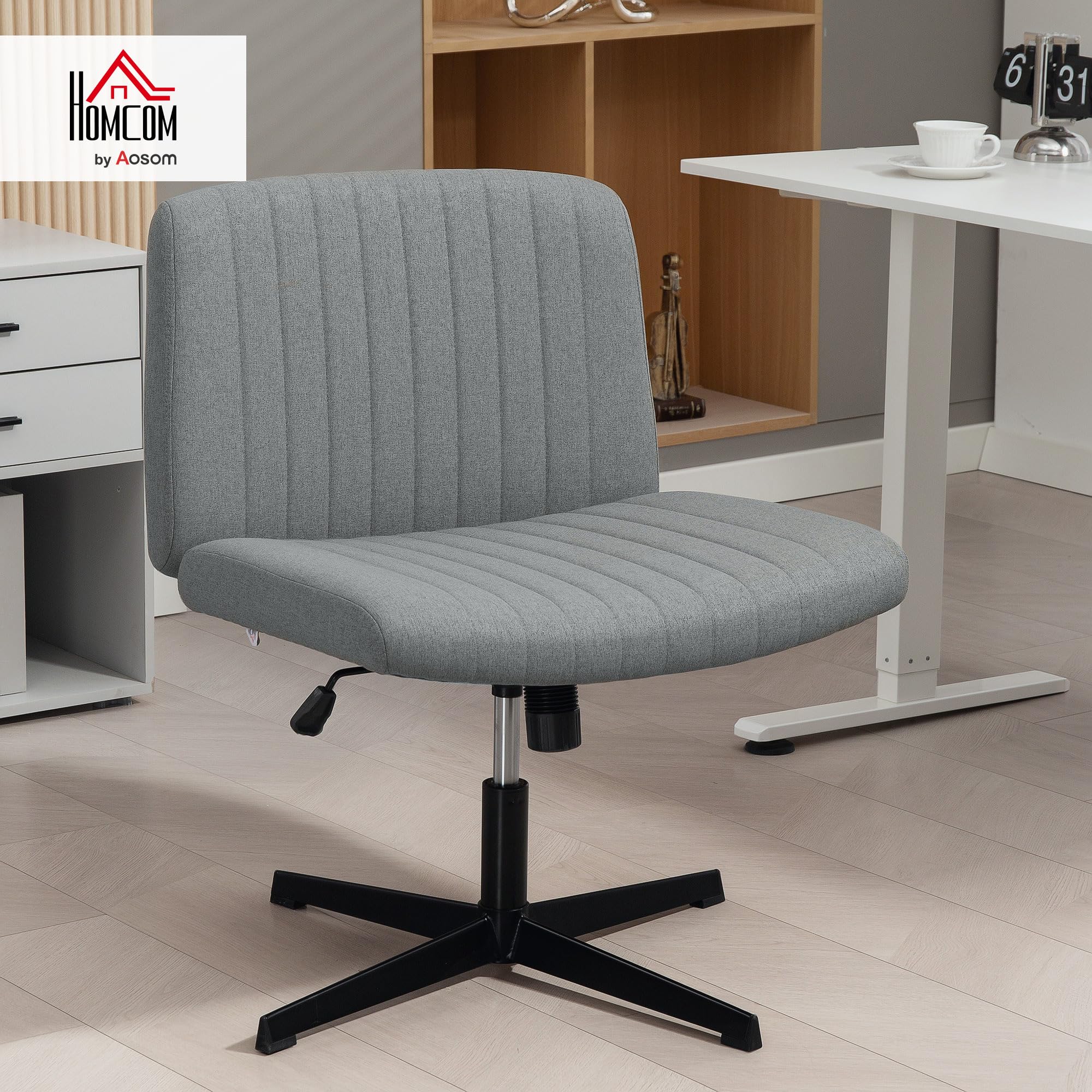 HOMCOM Silla de Oficina sin Brazos Giratoria sin Ruedas Basculante Gris | Silla de Escritorio Giratoria, Asiento Amplio y Cómodo, Piernas Cruzadas, Altura Regulable, para Sala de Estar y Dormitorio
