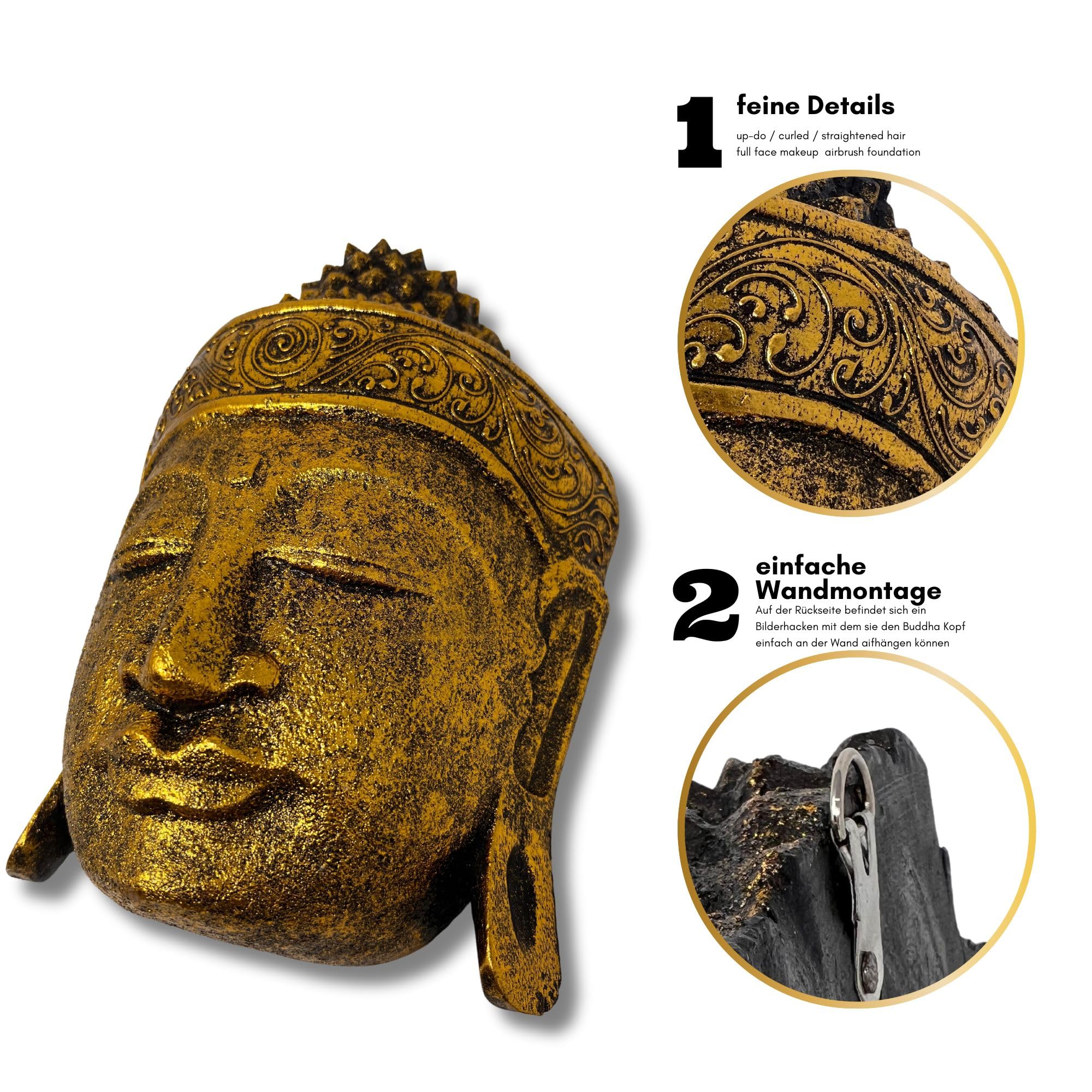 Decorazione da parete Buddha maschera testa statua oro nero legno accessorio per la casa 30 cm