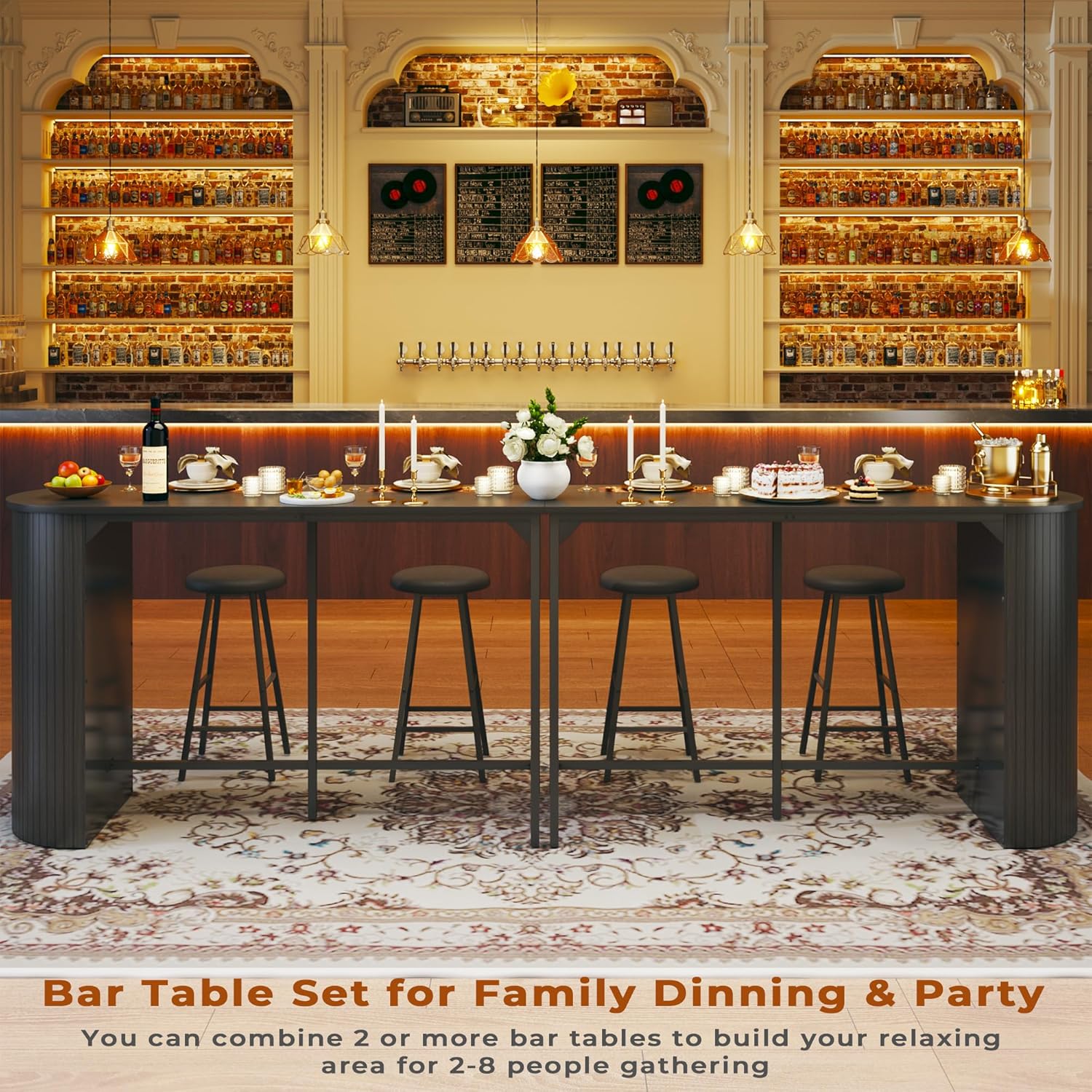 Fluted Bar Table and Chairs Set, 55'' Long Bar Tables with 2 Stools, 3 Piece Counter Height Dining Table for 2, Space Saving Kitchen Table for Bar, Dining Room, Kitchen, Breakfast Nook Corner, Black