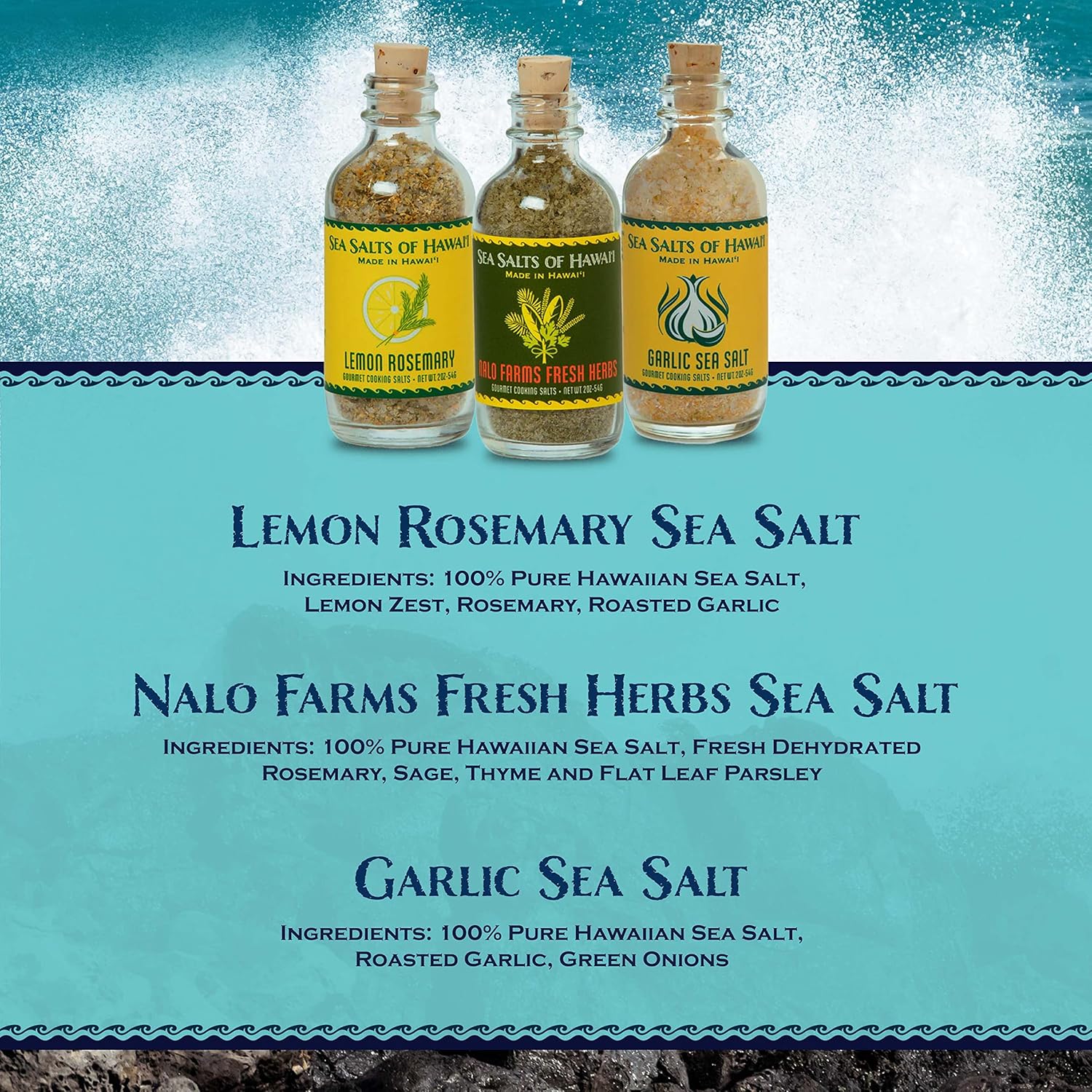 Sea Salts of Hawaii Seasoning Sea Salts Spice Set (Chef Set) – Great for Grilling, Cooking and Gifting. All Purpose Sea Salt with Herbs - Great for BBQ Rubs – 2oz. Each (6oz. Total)