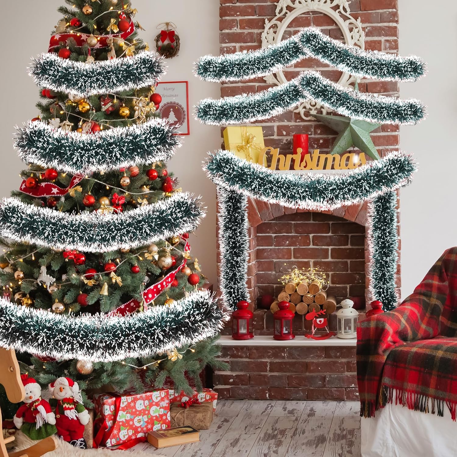 50FT Tinsel Christmas Garland Metallic Twist Garland Shiny Hanging Tinsel for Christmas Tree Party Supplies Indoor Outdoor Home Xmas Decoration (Green/White)