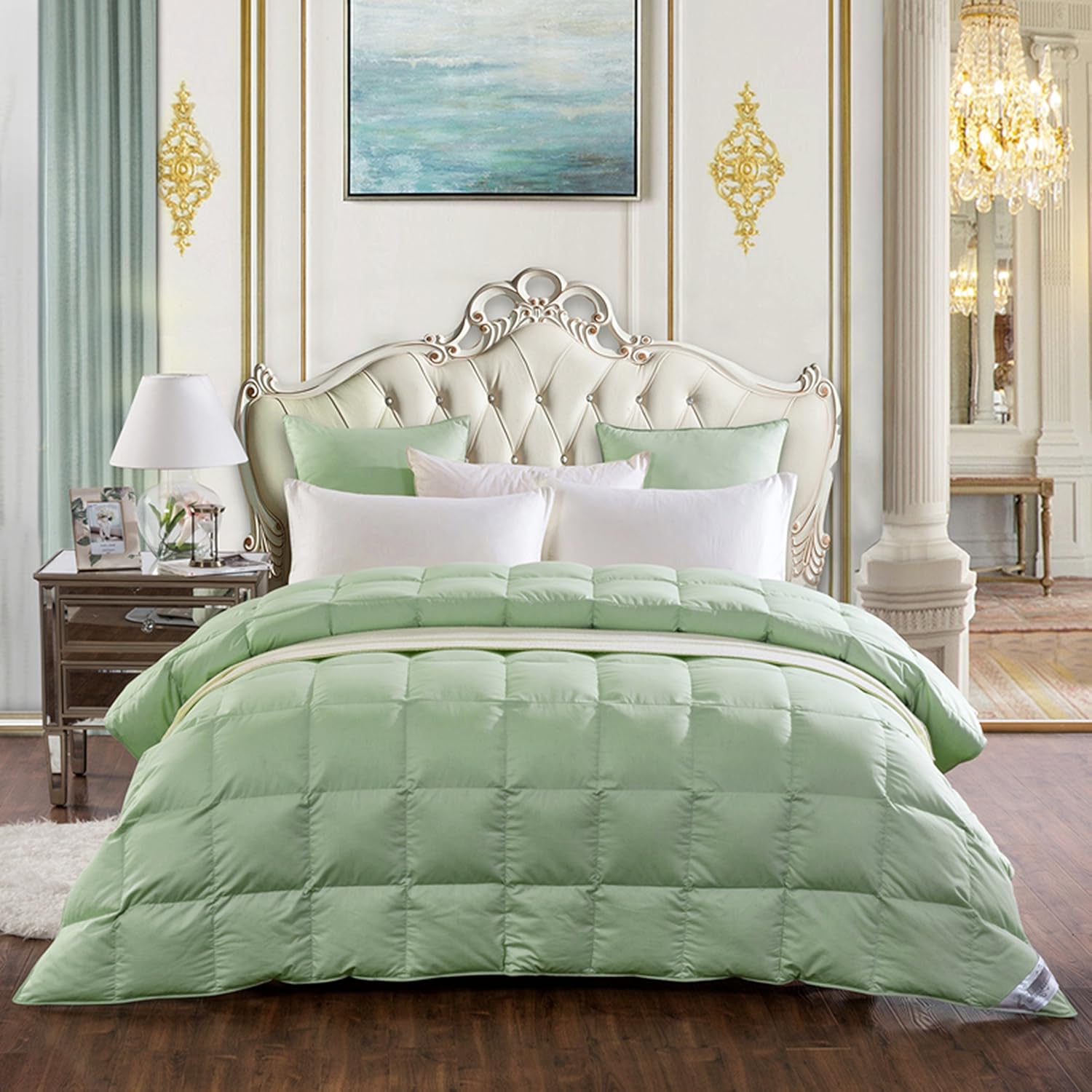 Amazon｜夏軽量ホワイトGoose Downと羽根掛け布団ブランケット、マルチカラー California King グリーン｜掛けふとん