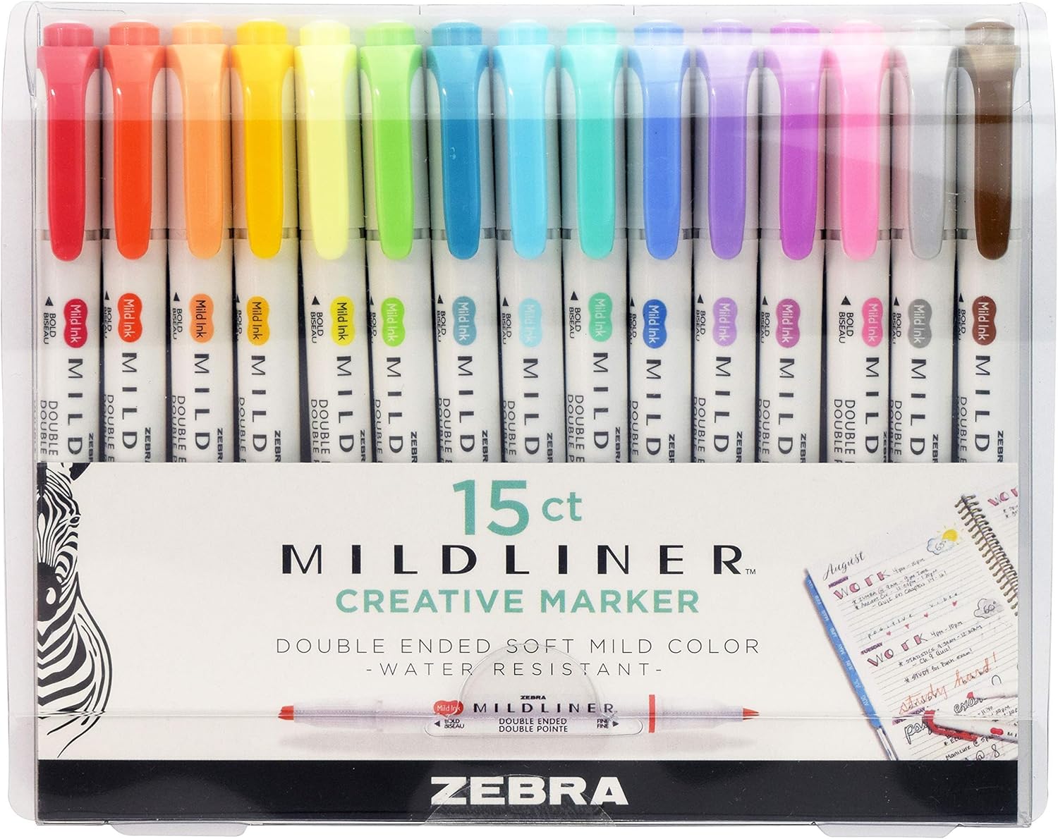 Zebra Pen Mildliner, Double Ended Highlighter, Broad and Fine Tips, Assorted Colors, 15 Pack : Office Products