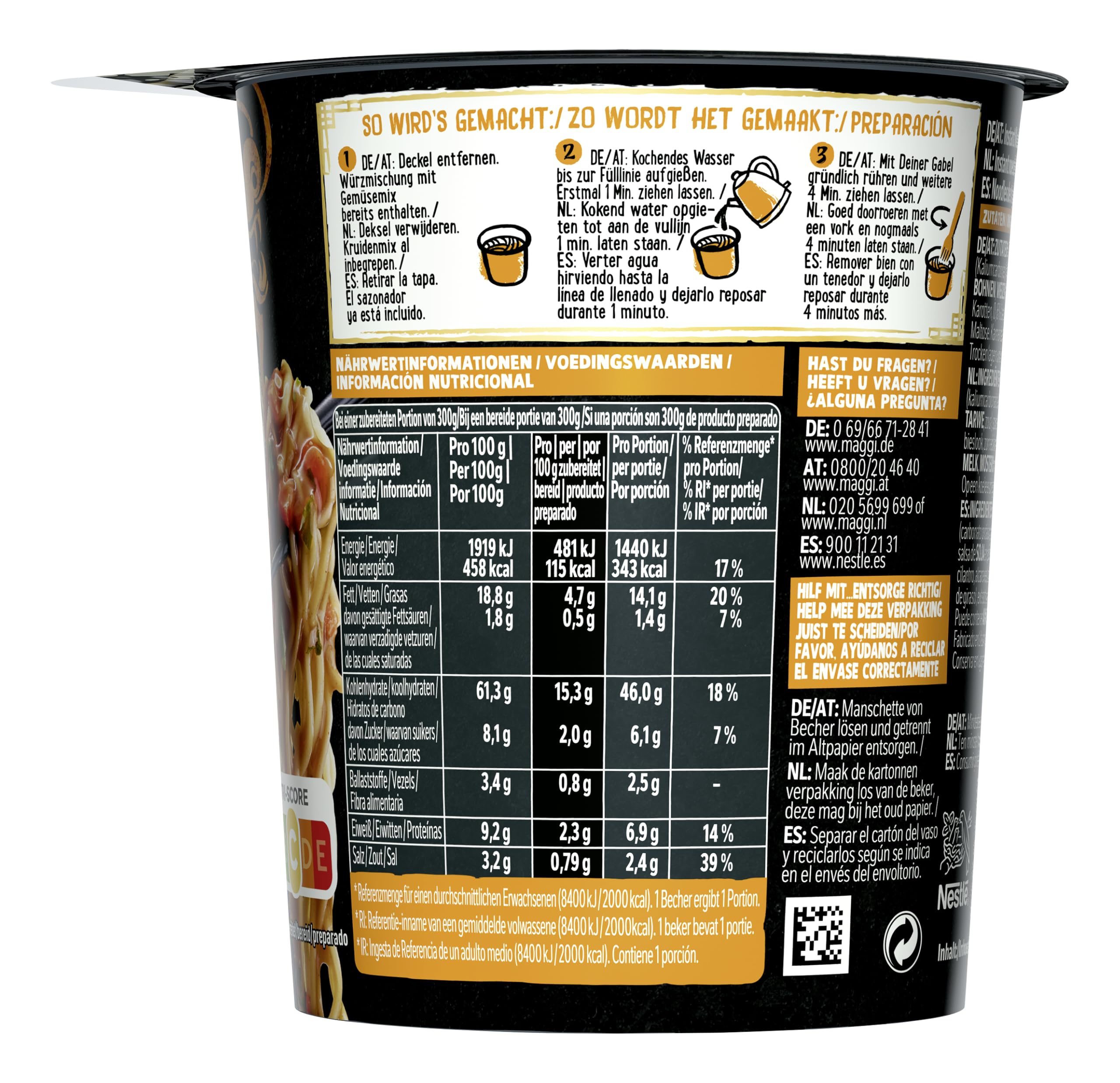 MAGGI Saucy Noodles Fideos instantáneos sabor Pollo y Sésamo - Vaso 8x75 g