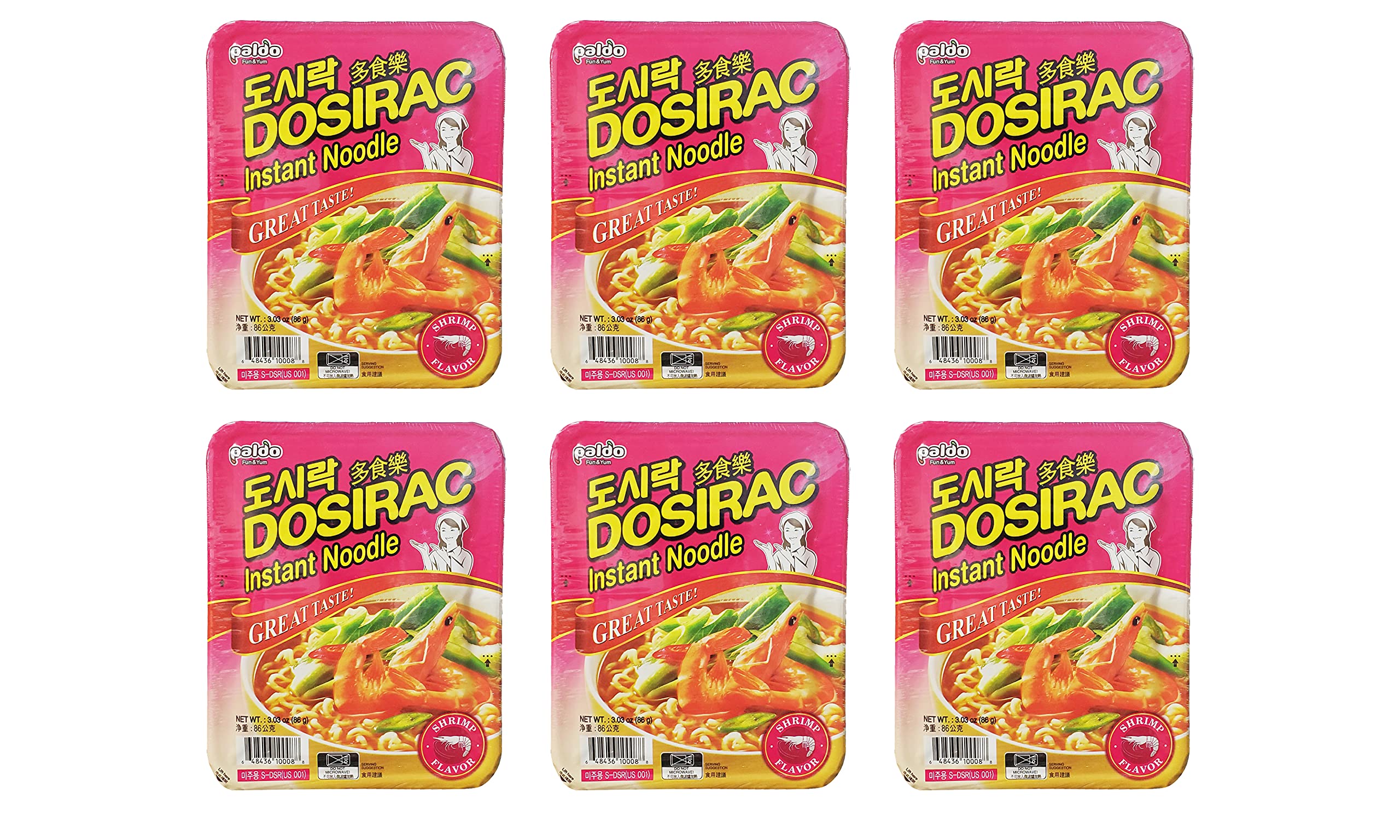 Paldo Dosirac Shrimp Instant Noodles (6 Pack, Total of 18.18oz)