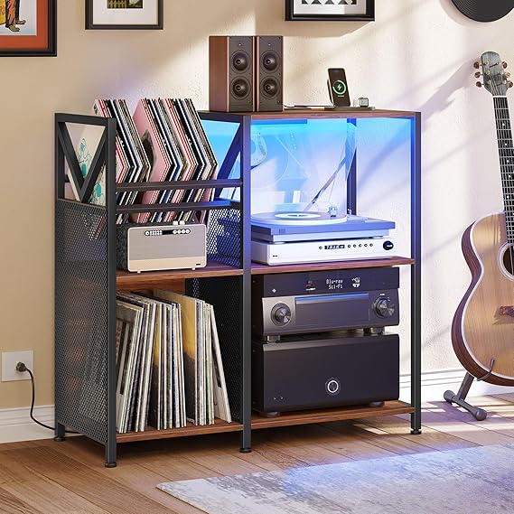 DWVO 3-Tier Vinyl Record Stand with Power Outlets & RGB LED Lights – Holds 300+ Albums, Sturdy Metal Frame Turntable Table for Living Room, Walnut Finish Media Storage Cabinet