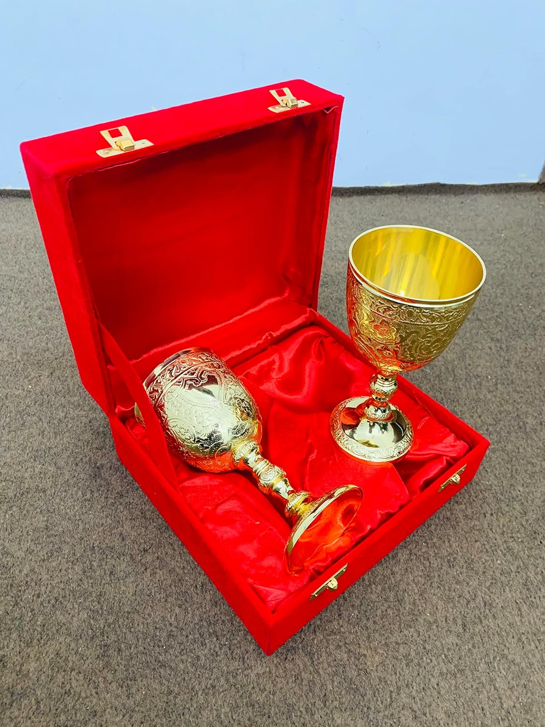 Pack of 2 Personalization Brass Engraving Goblet Engraved Design Wine Cup Vintage With Velvet Box Brass King's Royal Chalice Embossed Cup (Brass Finish)