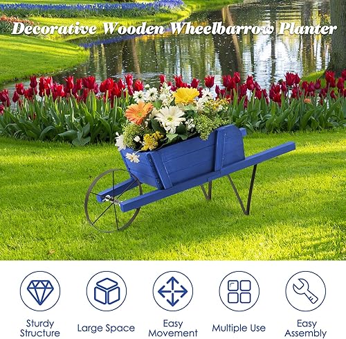 Miniatura 8 de Safstar - Maceta de madera para carretilla, con rueda de metal y 9 accesorios magnéticos reemplazables, maceta de madera para decoración de