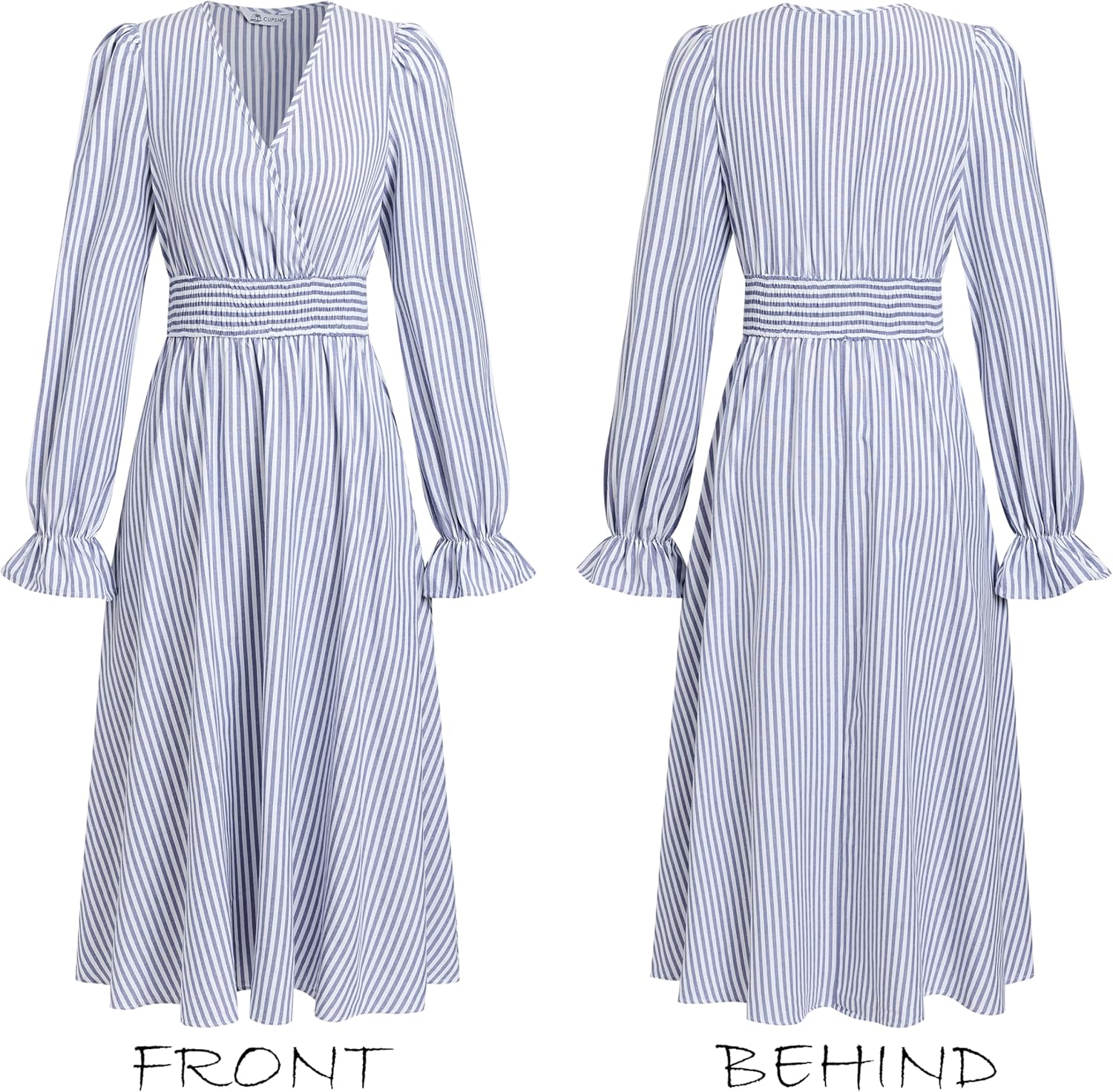 CUPSHE Women's Fall Dresses Striped V Neck Long Sleeve Elastic Somked Swing Maxi Dress - Image 7