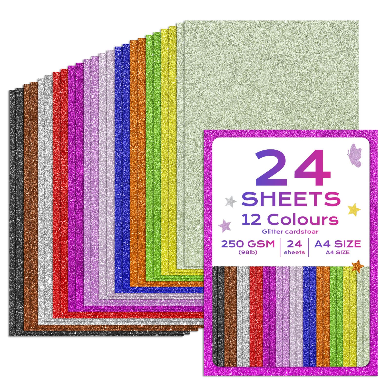 Flintronic 24 Blatt Glitzer Papier A4 Bunt, Glitzerpapier zum Basteln, 250 g/m² Papier Bastelpapier Bastelkarton 12 Farben, Bastelkarton Buntes Papier für Malen Kartenherstellung Einladungen Scrapbook