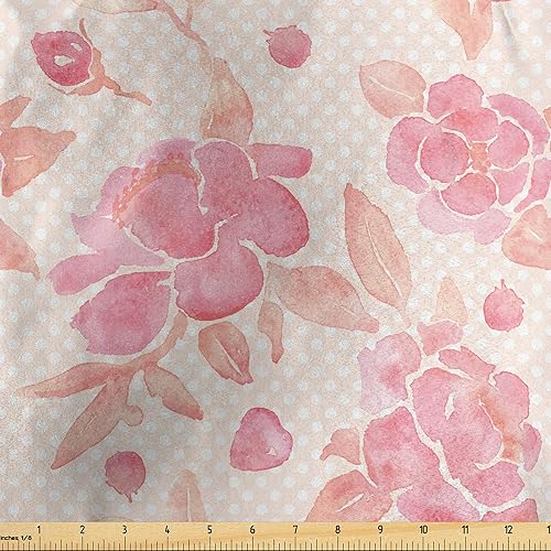 Ambesonne Spring Fabric by The Yard, Watercolor Cottage Flowers on Polka Dotted Pale Colored Background Nature, Decorative Satin Fabric for Home
