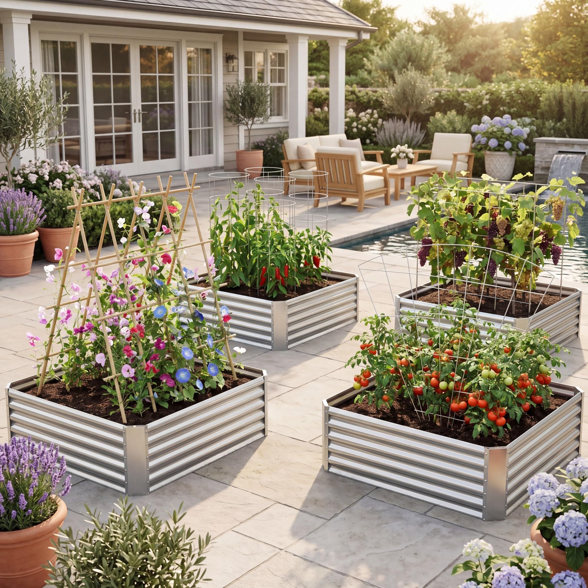 HOMASIS Hochbeet, rechteckiges Gartenbeet aus verzinktem Metall, Pflanzkasten mit offenem Boden, Blumenkasten für Gemüse & Blumen, Gemüsebeet für Garten & Terrasse, Silber (124 x 124 x 44,5 cm)