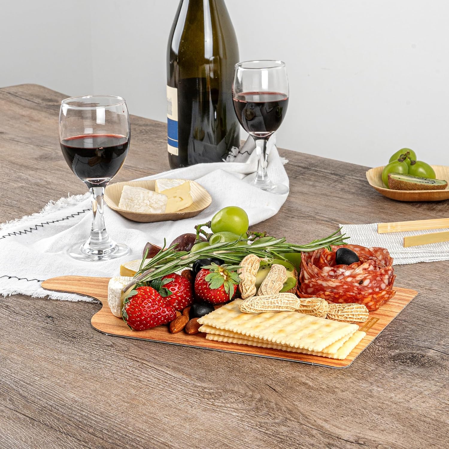 Restaurantware Cater Tek 11.8 x 7 Inch Charcuterie Boards 100 Faux Wood Cheese Boards - WIth Handle Stackable Paper Cardboard Charcuterie Boards Disposable For Serving At Catered Events