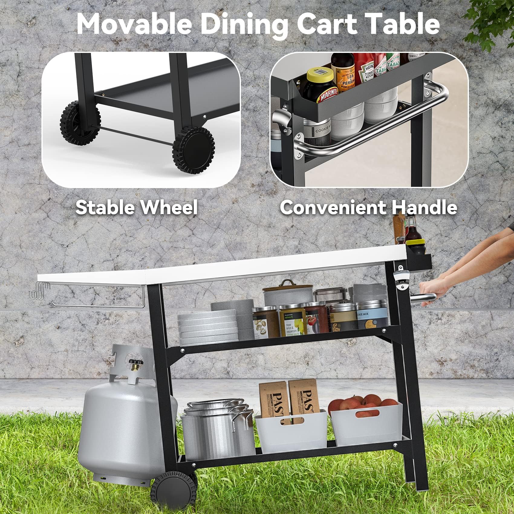 onlyfire Grillwagen 120cm mit Edelstahl Arbeitsplatte, Outdoor Grilltisch 3-Etagen für Pizzaofen und Gasgrill, Rollen und Servierwagen mit Gewürzbox, BBQ-Tisch, Outdoor Grill Trolley
