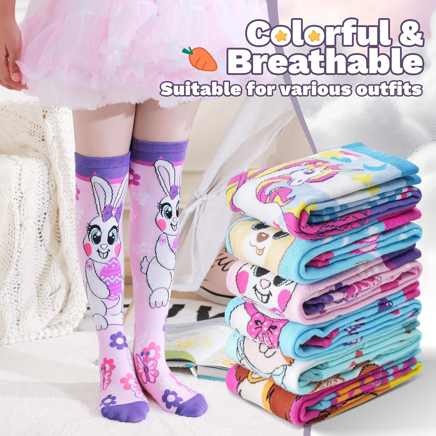 ANTSANG Kids Girls Knee High Socks Fashion Funny Crazy Stockings Gift Cute Novelty Long Boot Cotton Socks for Child 6 Pairs - Image 6