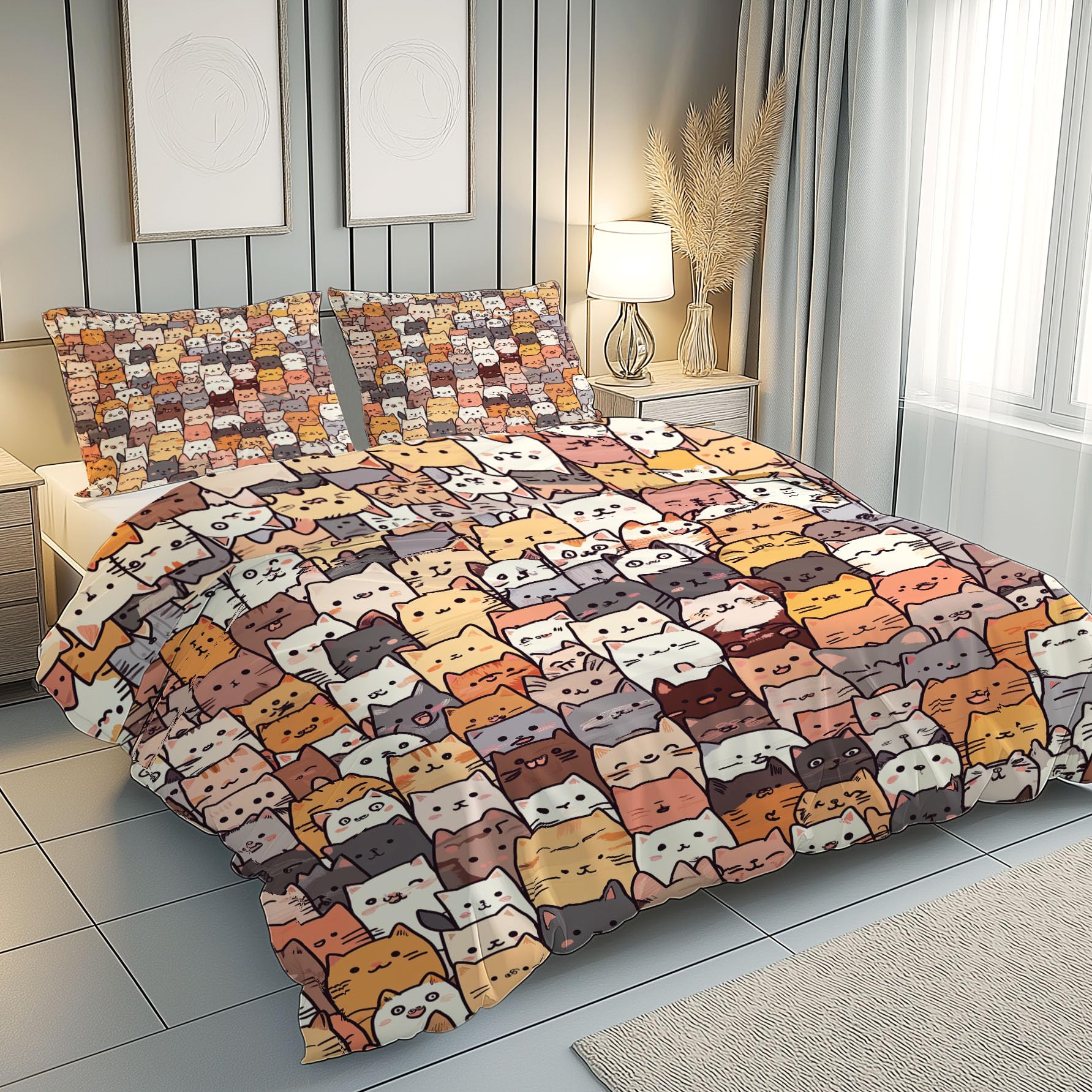 Homewish Katzen Bettwäsche Set 135x200cm - Niedliche Kätzchen Bettbezüge Mit Herzchen-Muster