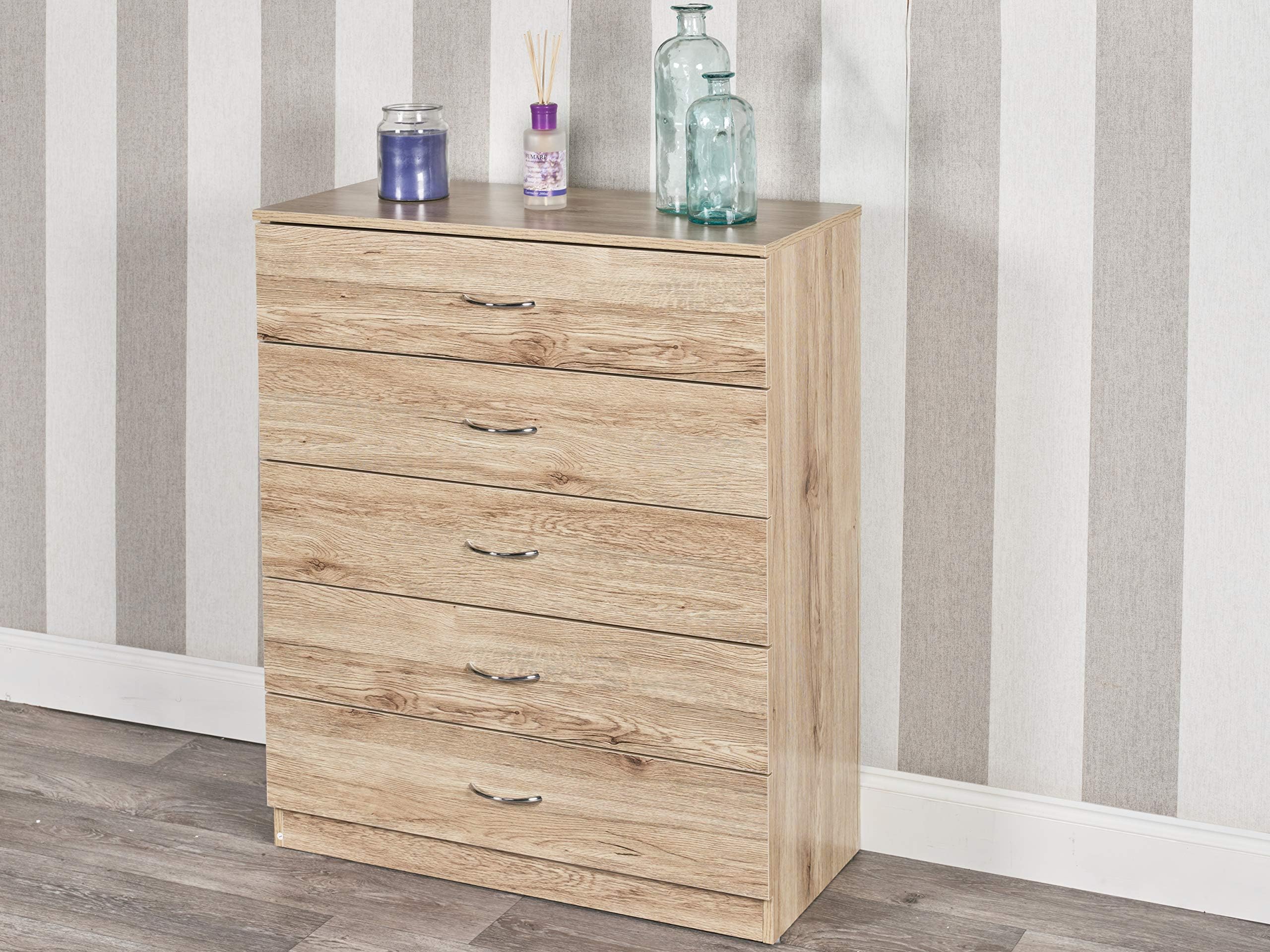 URBNLIVING 4 Or 5 Drawer Wooden Bedroom Chest Cabinet (5 Drawers, Oak Carcass + Oak Drawers)
